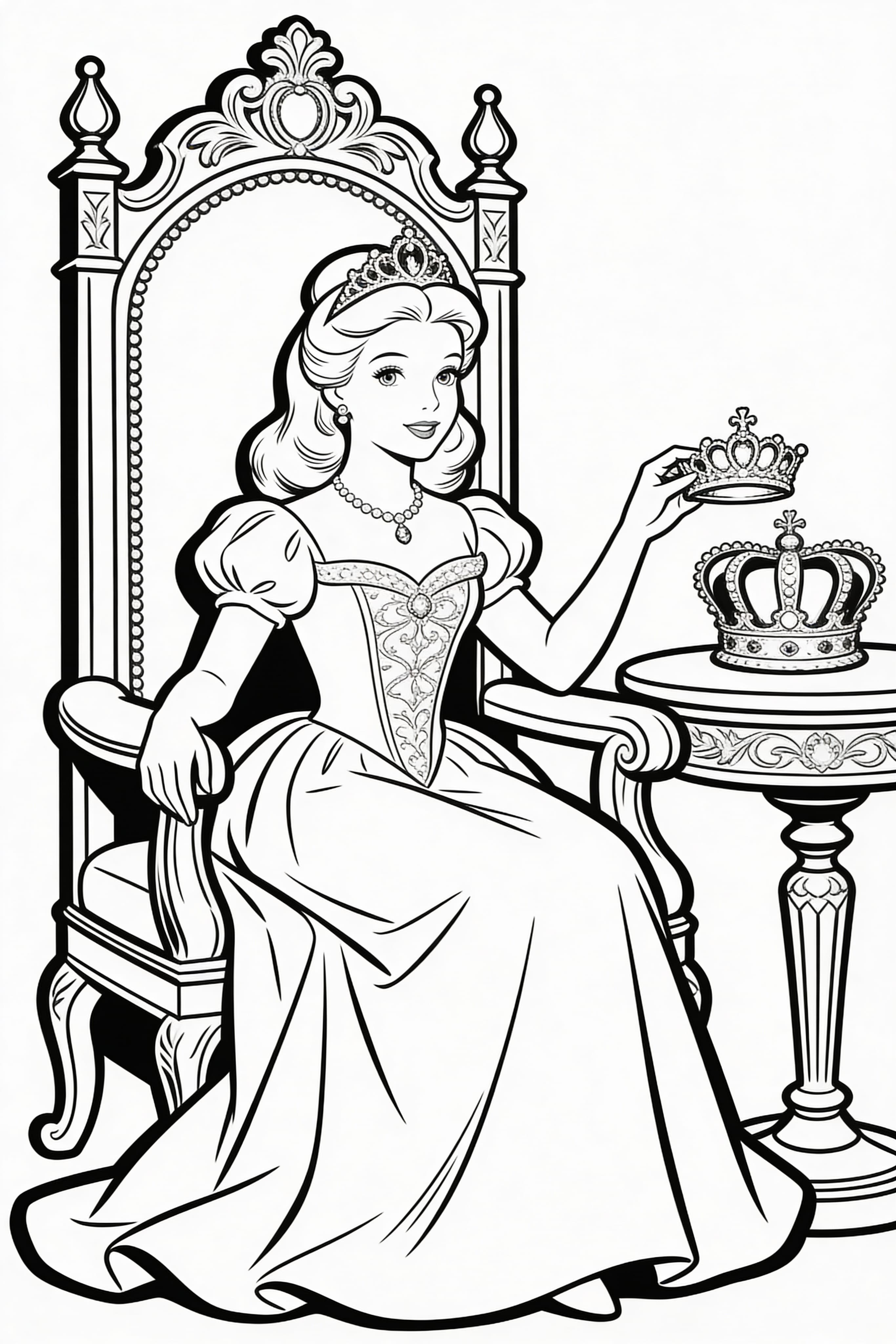 Vintage style princess coloring page featuring a princess doing princess things