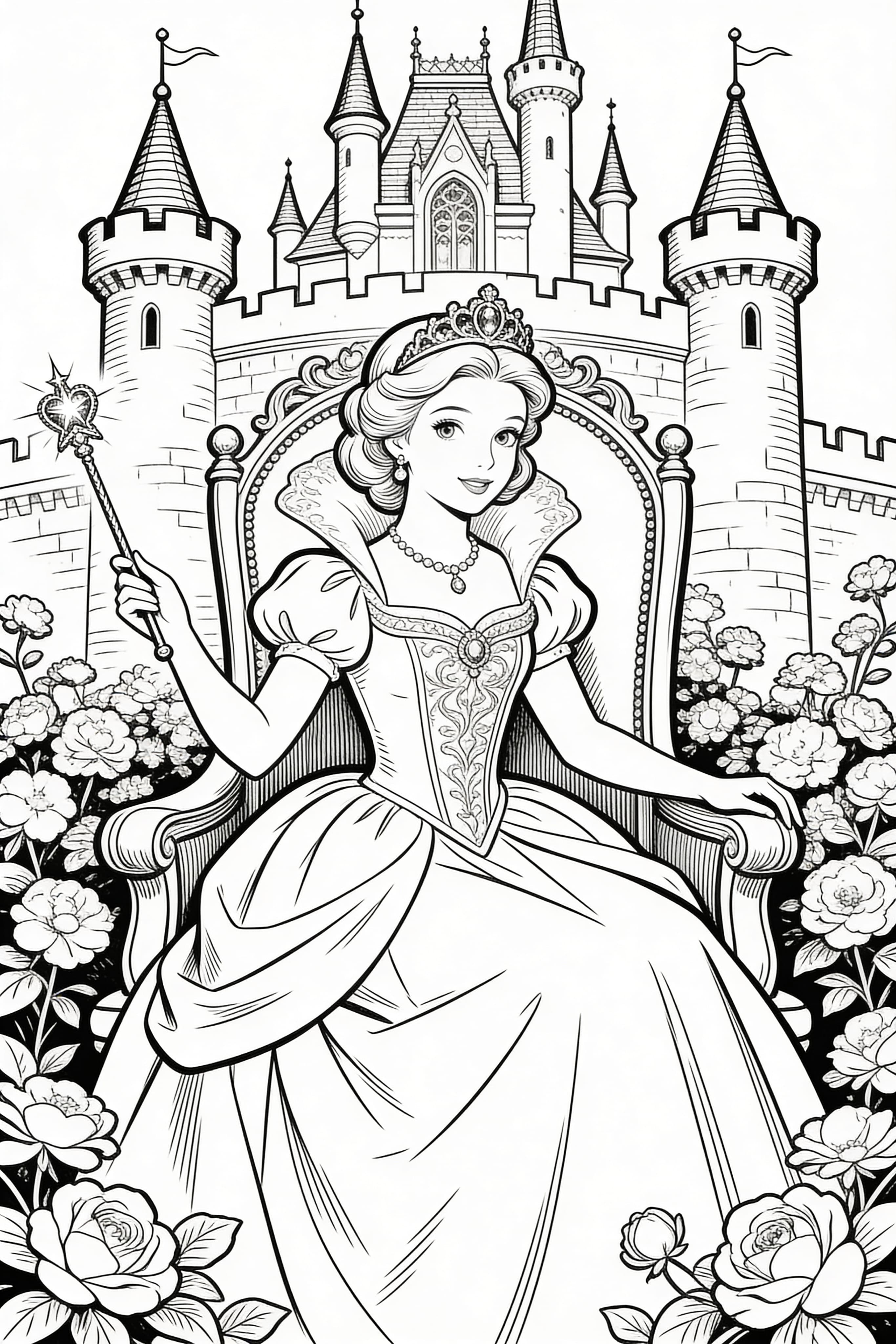 Vintage princess engaged in royal activities on a coloring page