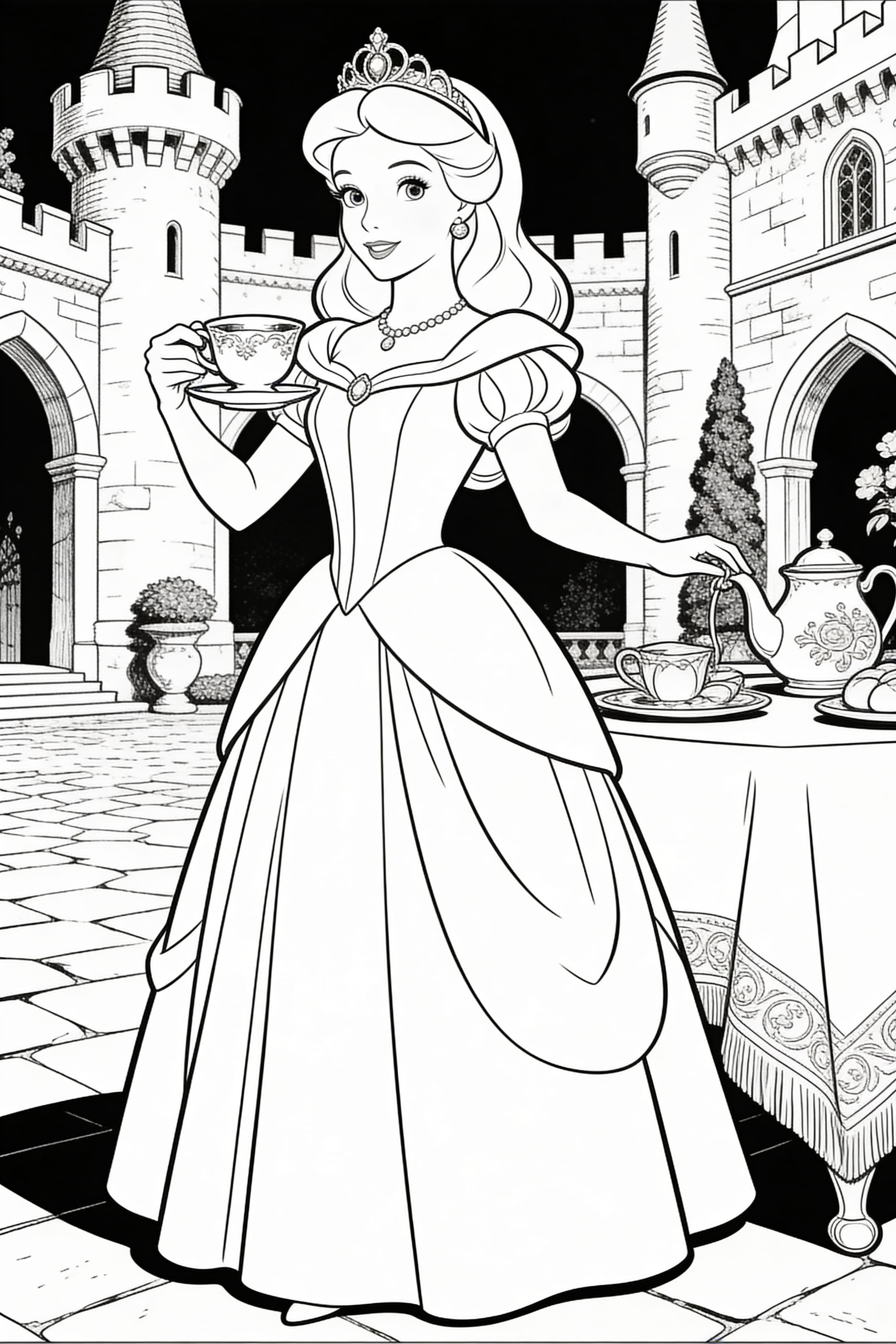 Vintage princess in a royal gown engaging in princess activities