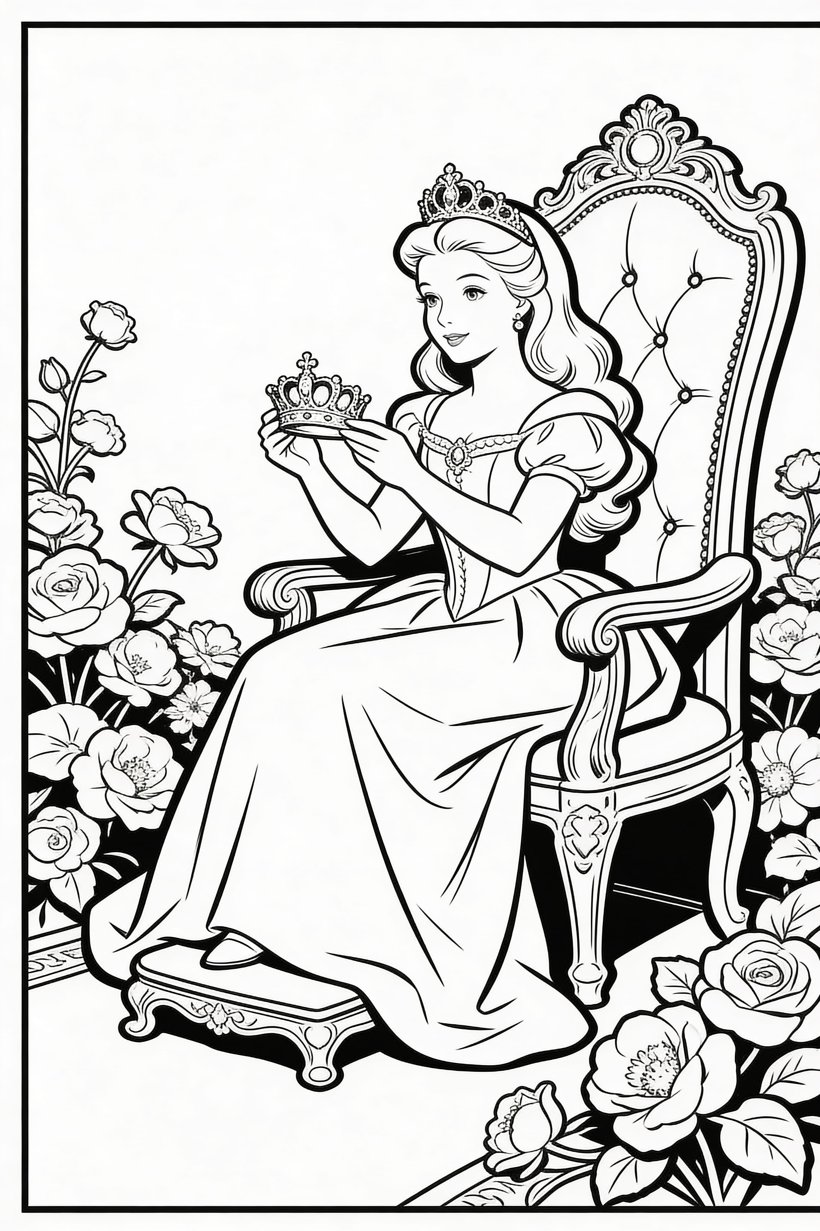 Vintage style princess coloring page with princess activities