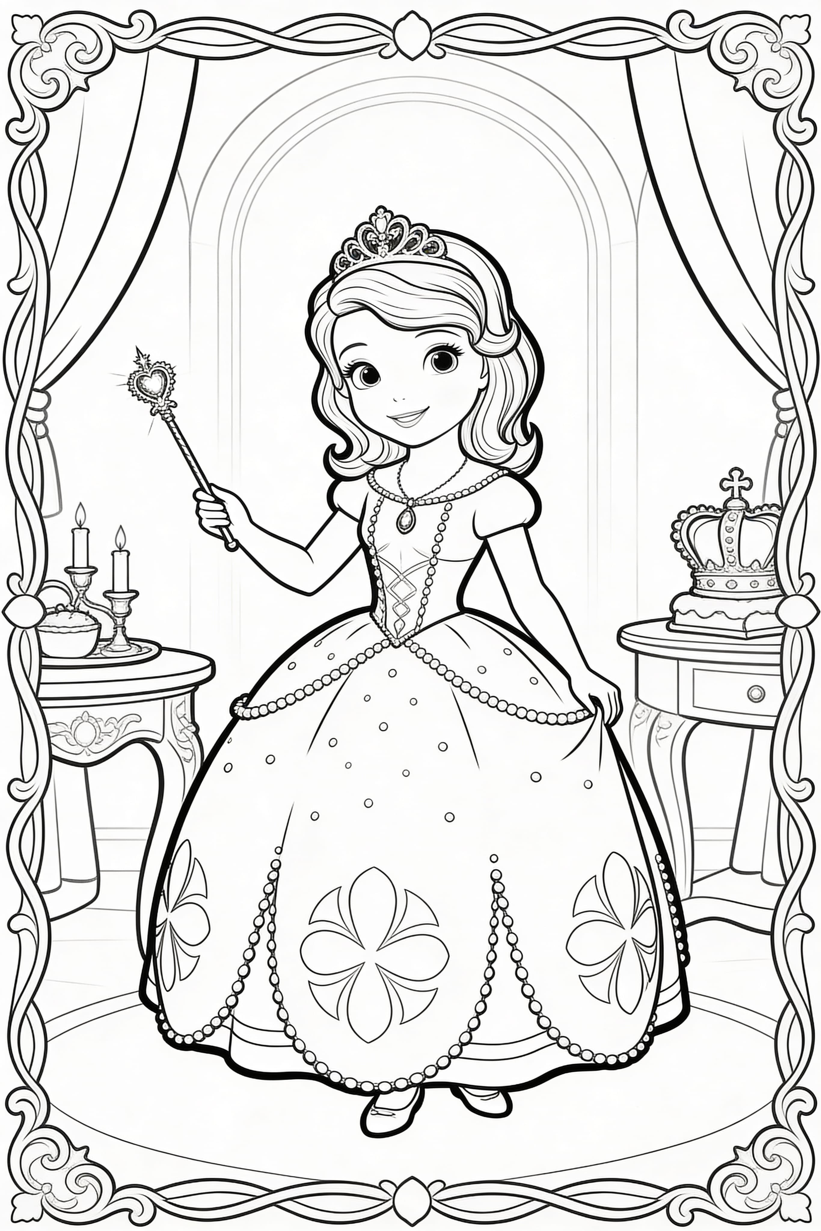 Watercolor outline princess doing princess things coloring page