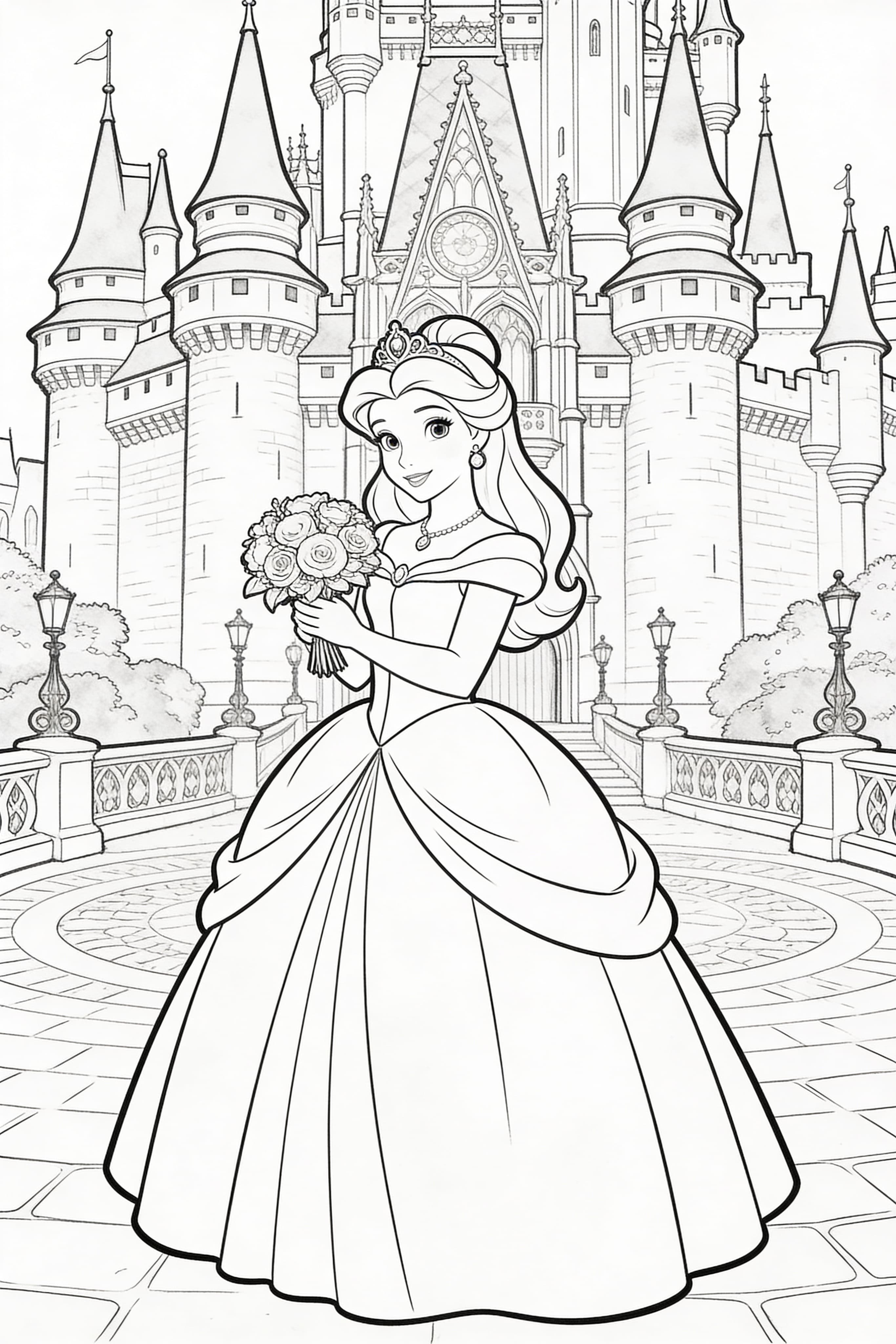 Princess in a watercolor outline style doing princess activities