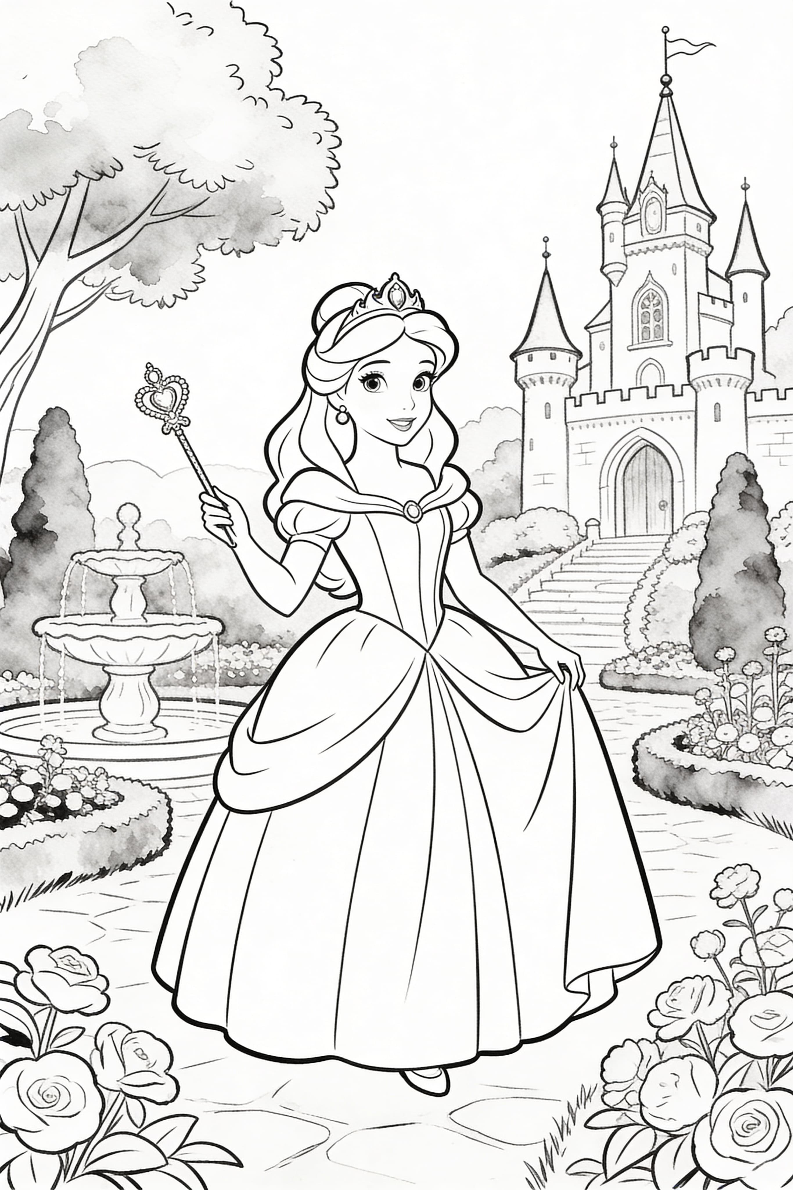 Watercolor Outline style princess engaged in princess activities coloring page