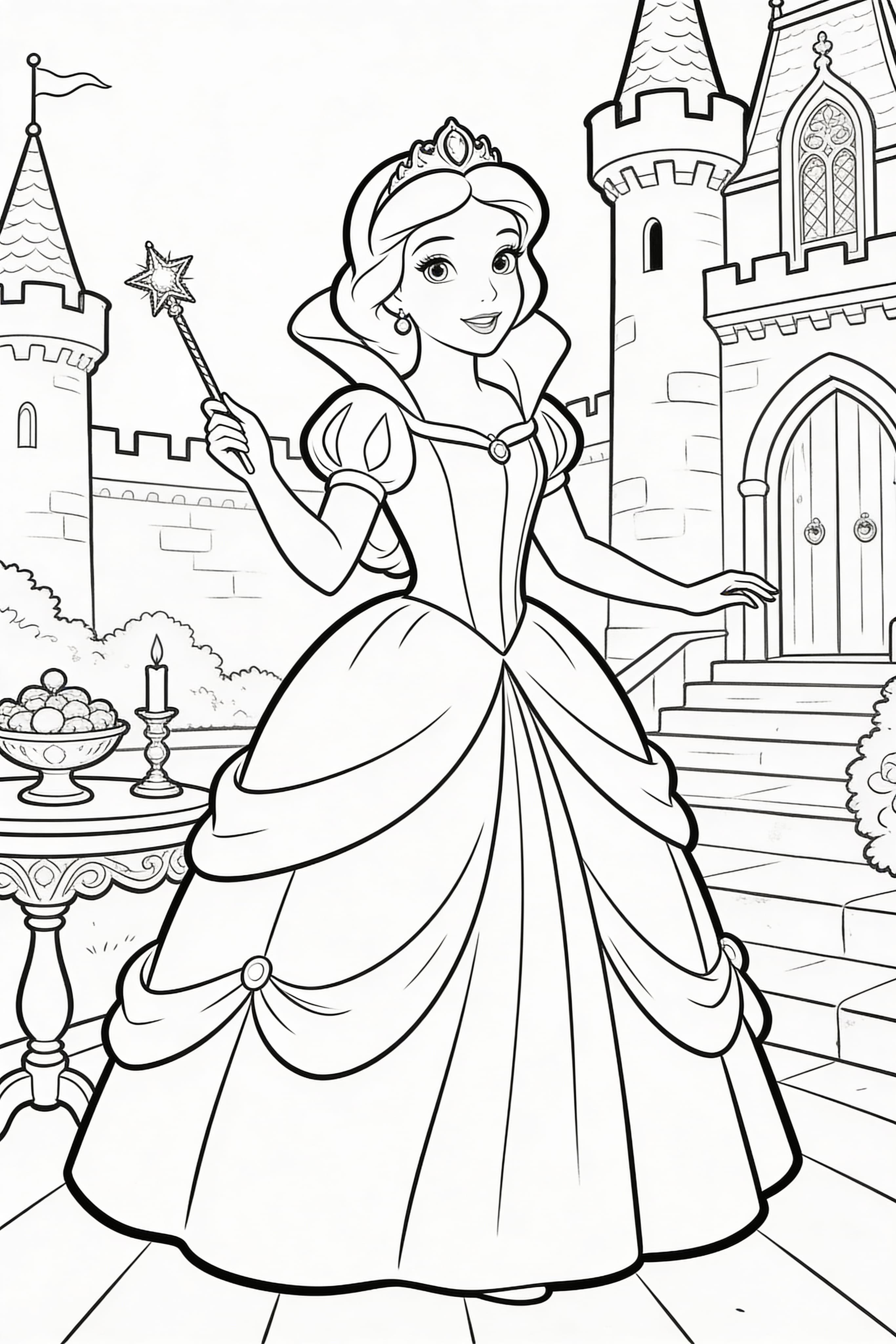 Watercolor outline of a princess doing princess activities coloring page