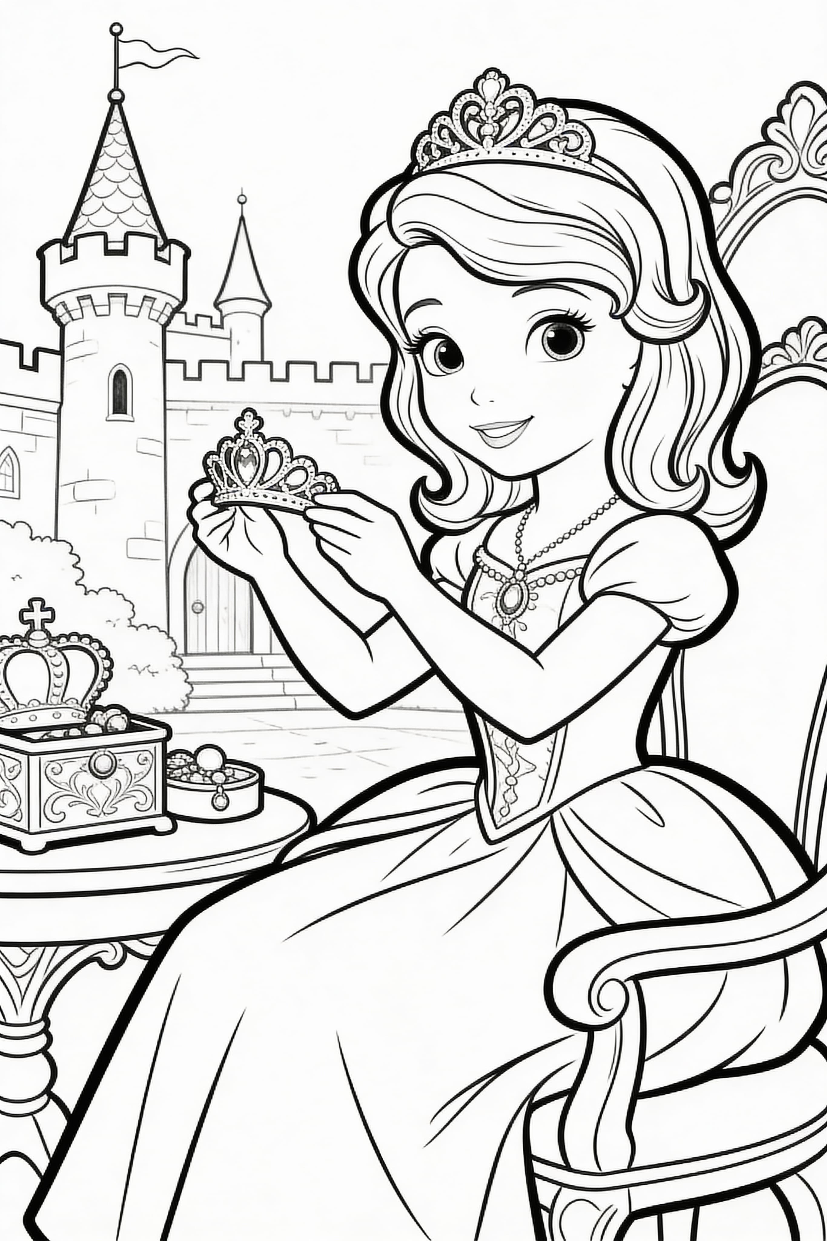 Watercolor outline of a princess in a dress doing princess activities