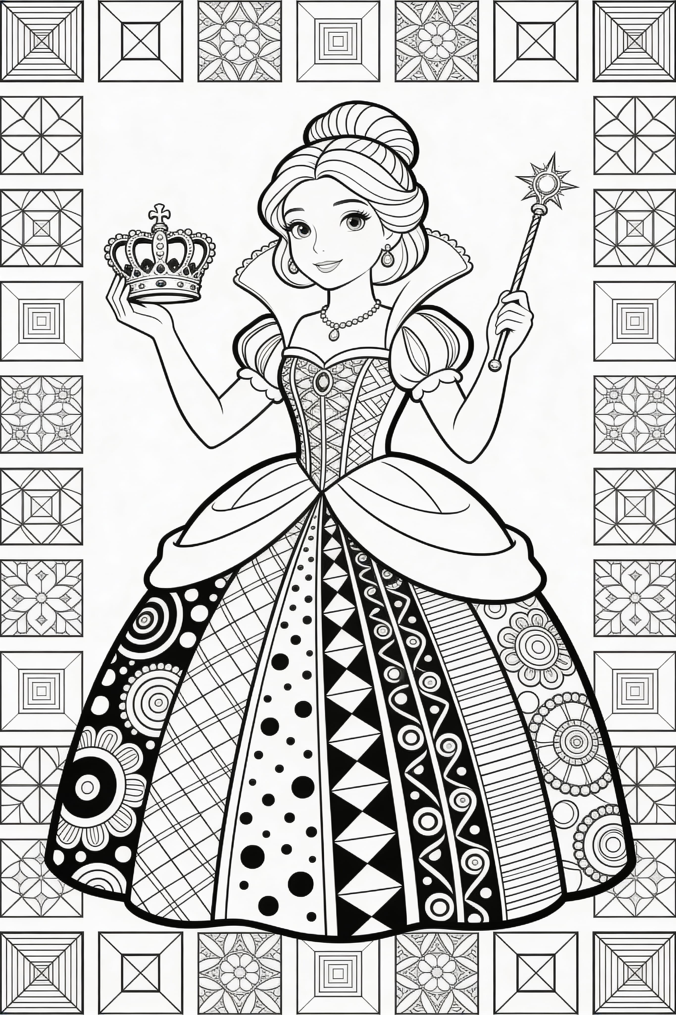 Zentangle style princess engaged in royal activities coloring page
