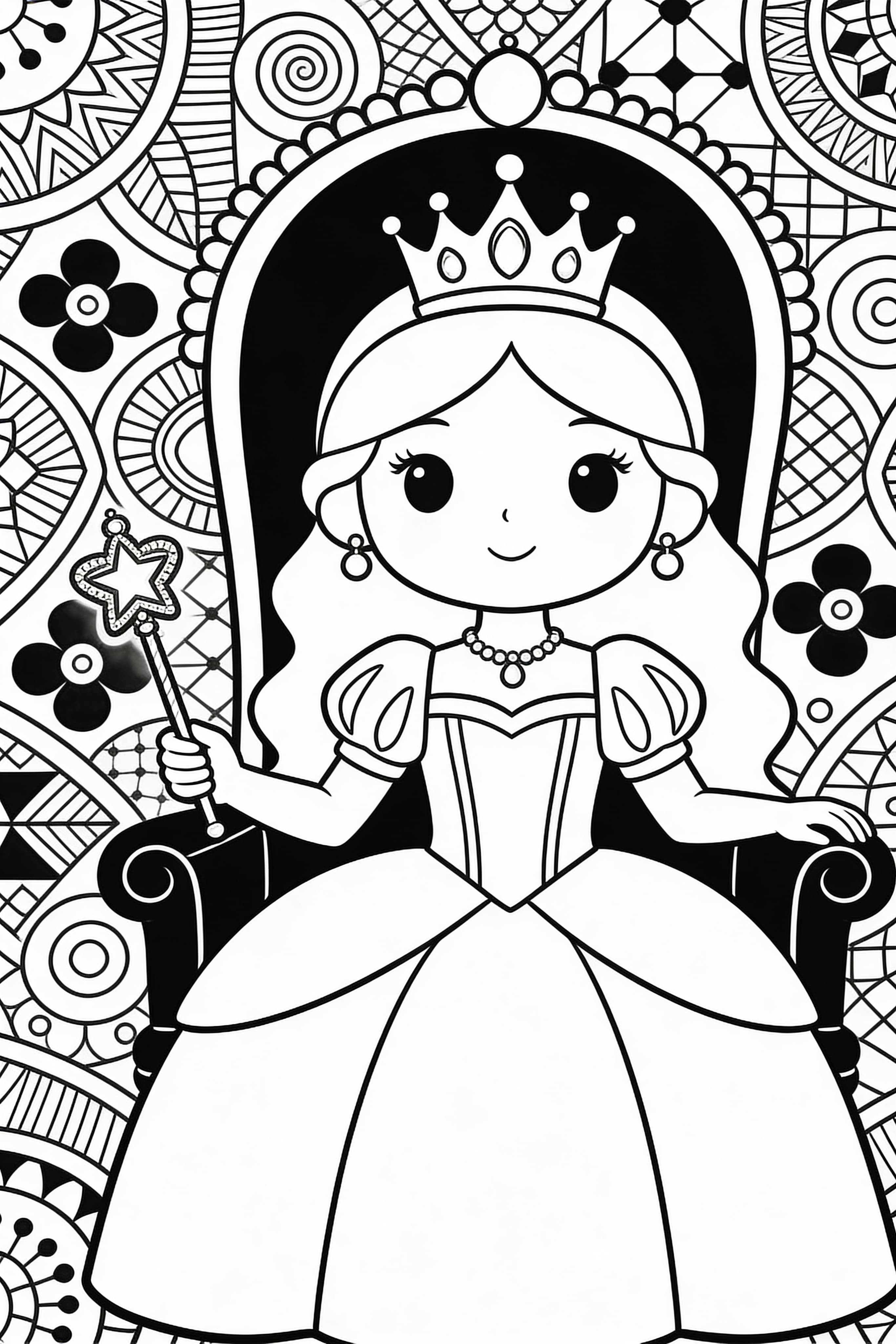 Zentangle style princess engaging in royal activities coloring page