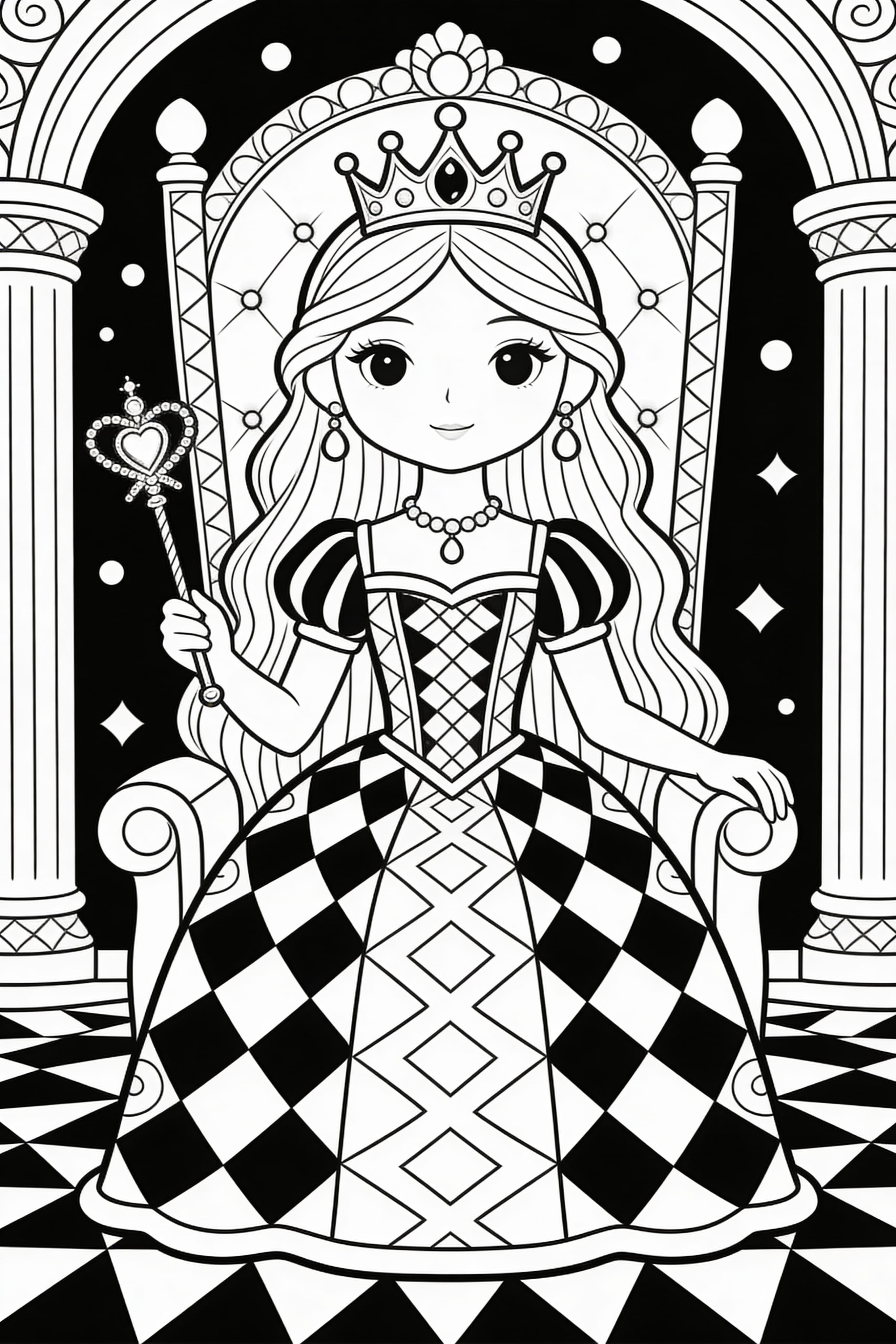 Zentangle style princess coloring page with intricate patterns