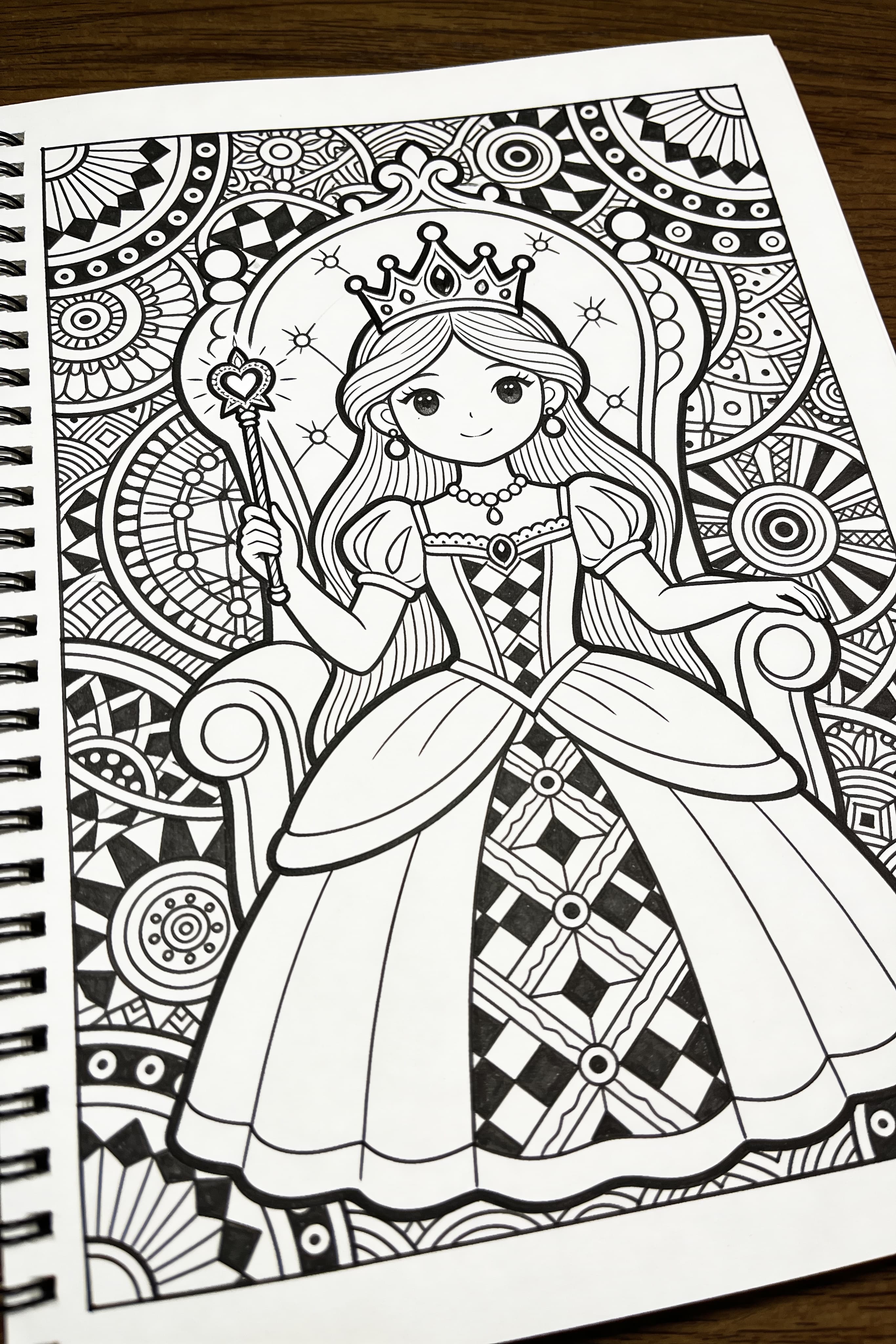 Printable Zentangle style coloring page of a princess with intricate patterns