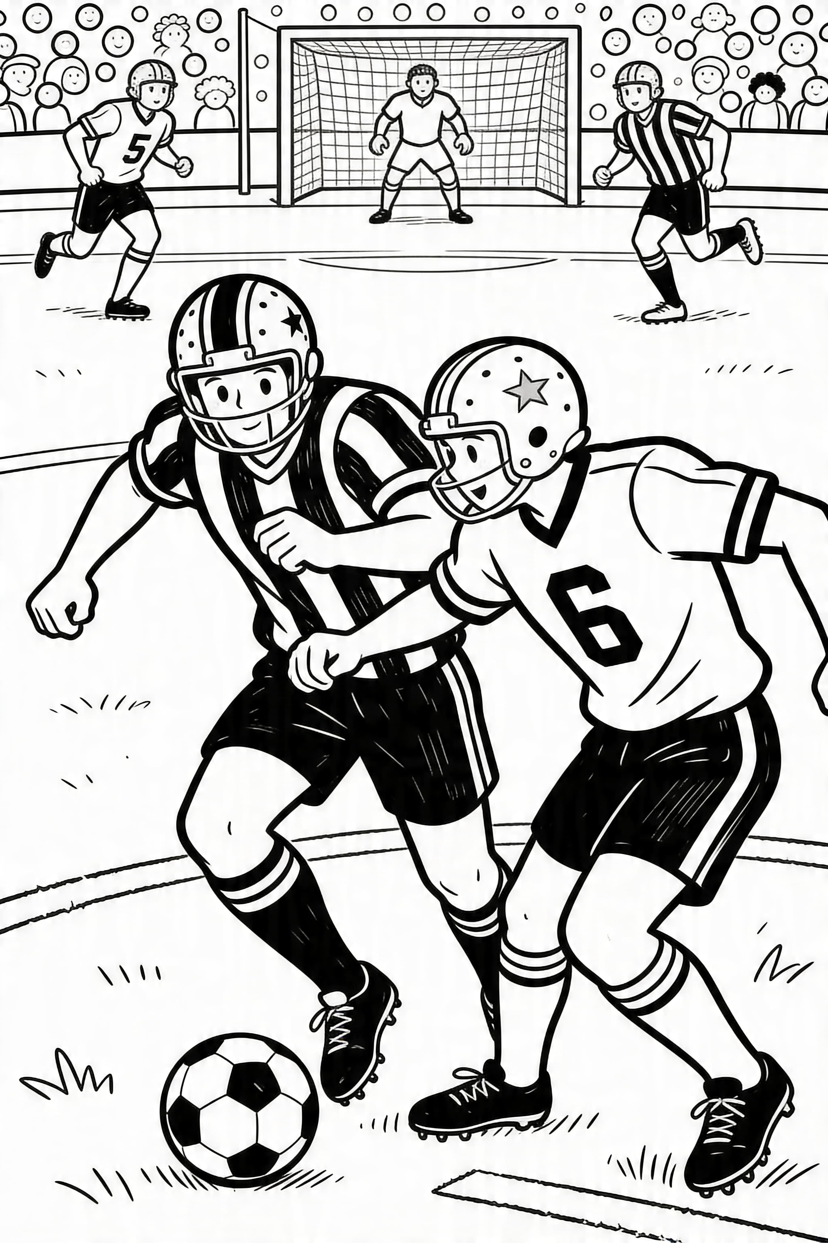 Doodle style football players in a fun, intense soccer match coloring page