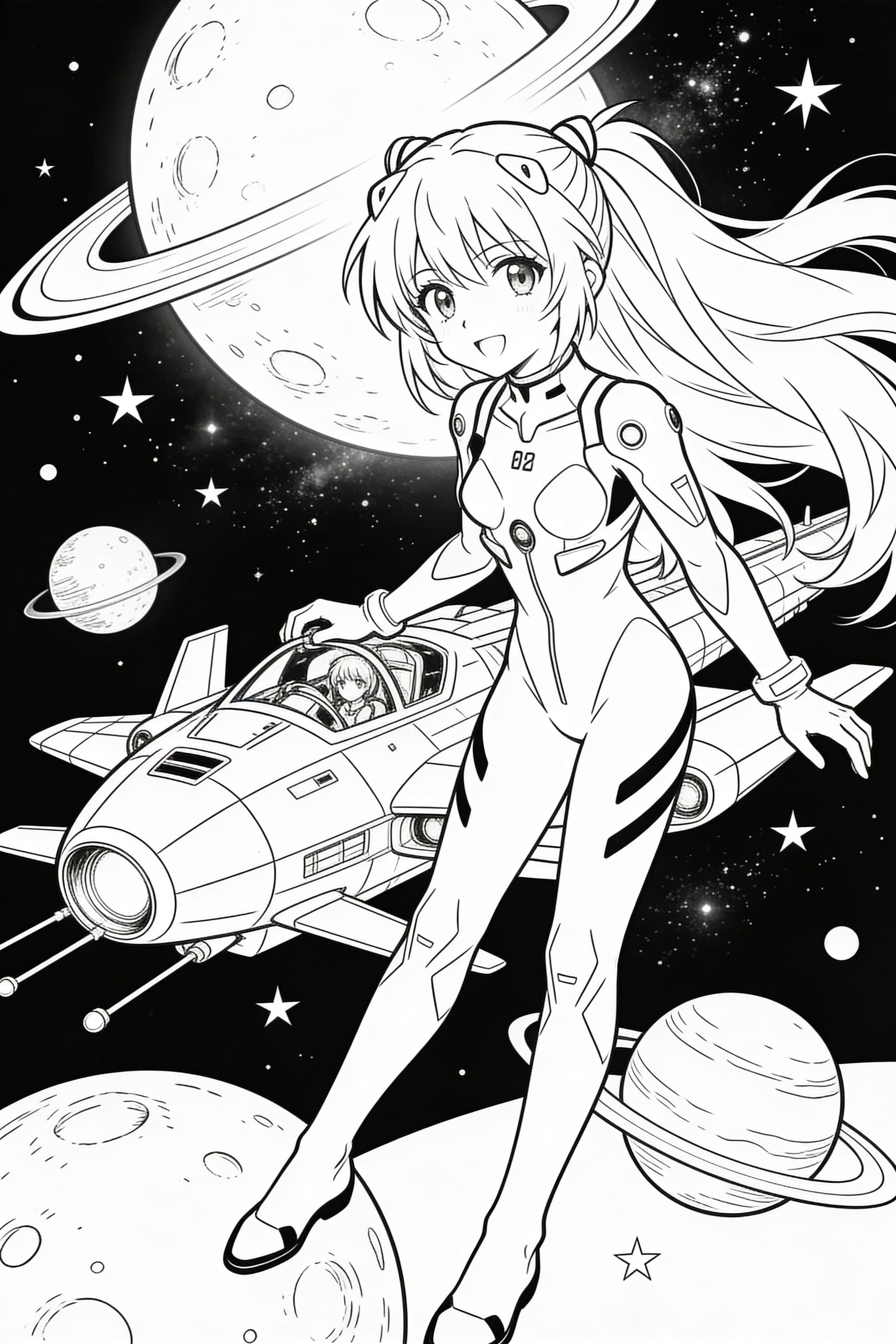 Anime style space adventure coloring page featuring planets and stars