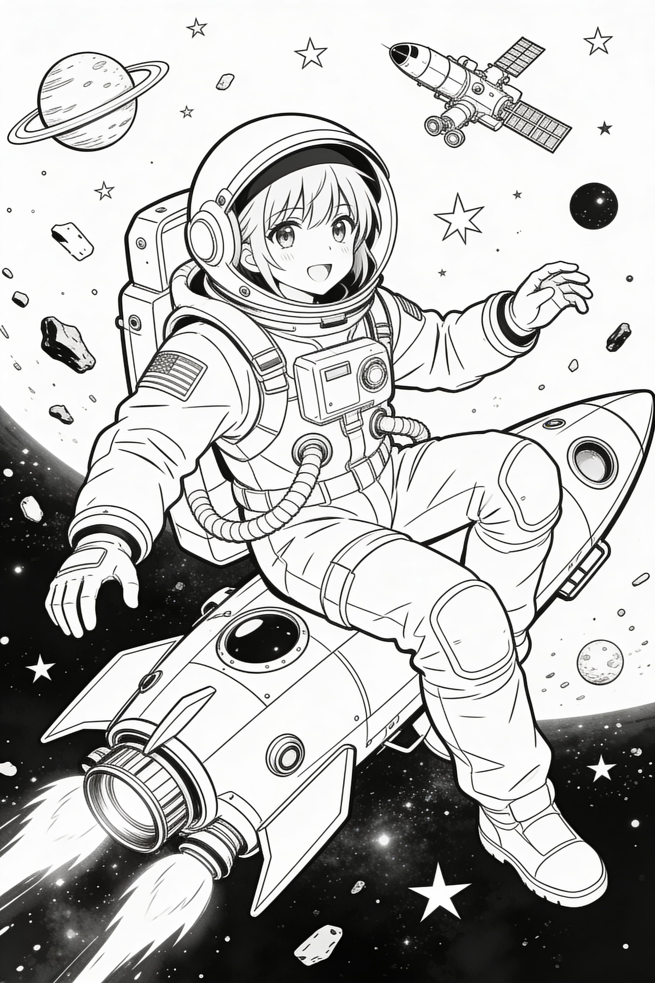 Anime style space adventure coloring page with planets and stars