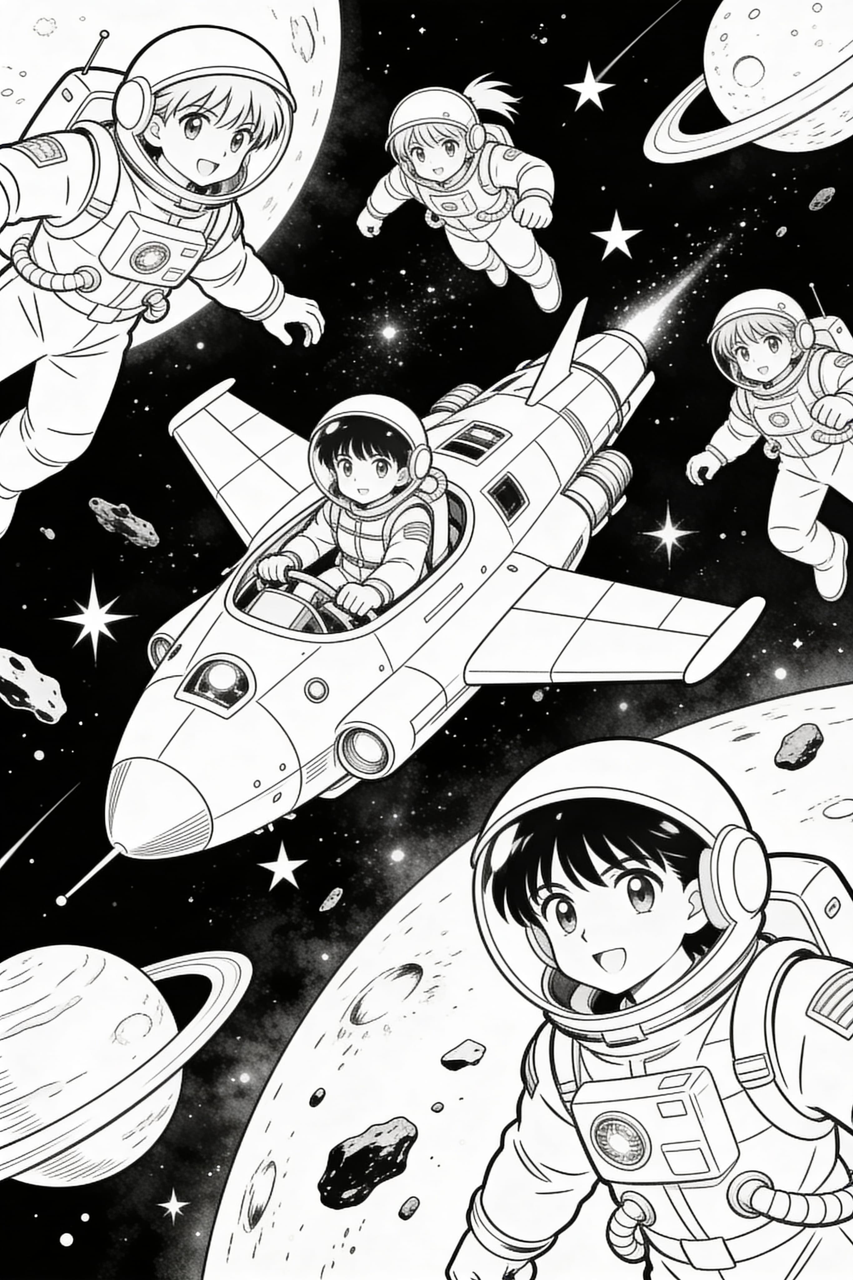 Anime style space adventure and exploration coloring page