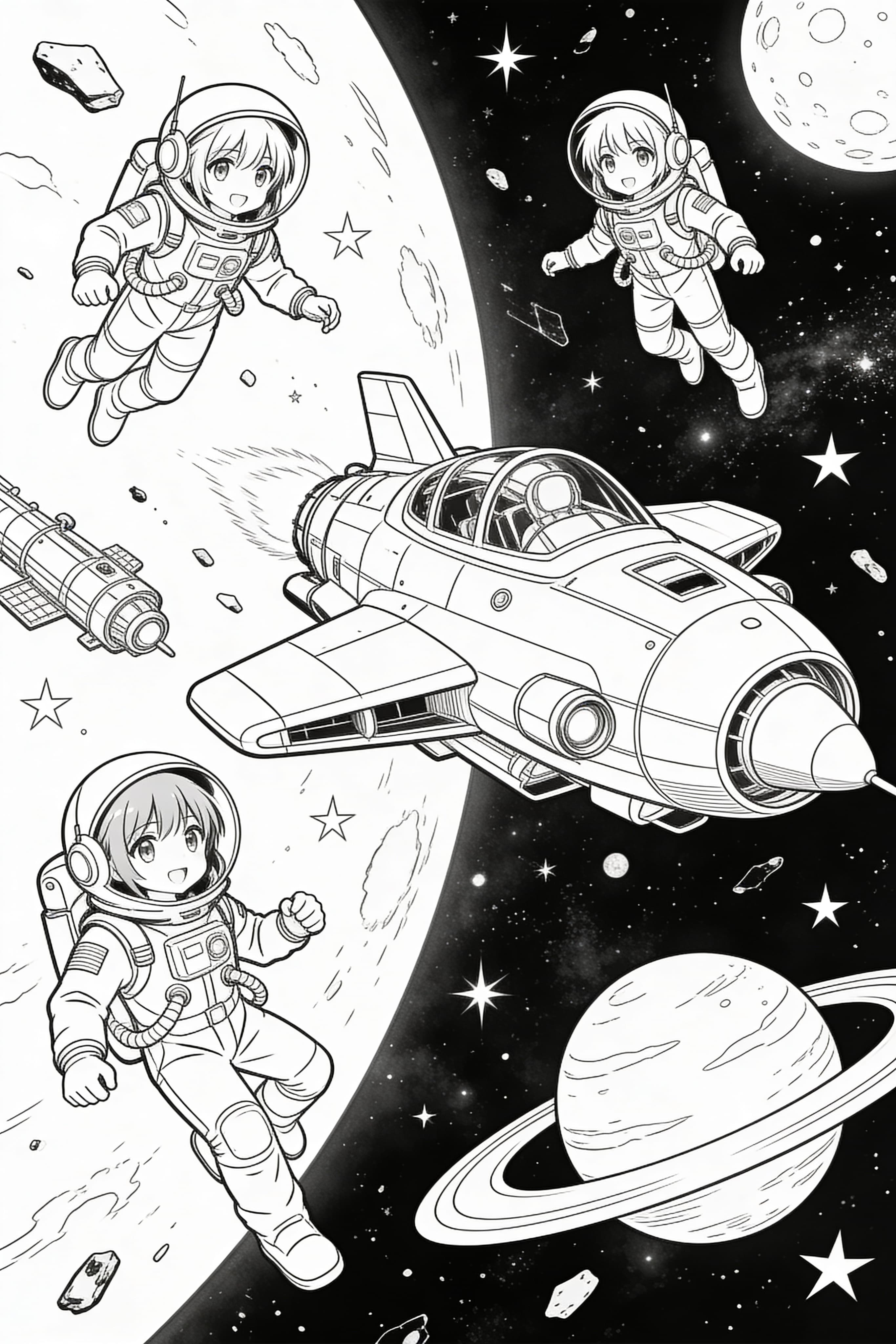 Anime space adventure coloring page with planets and stars