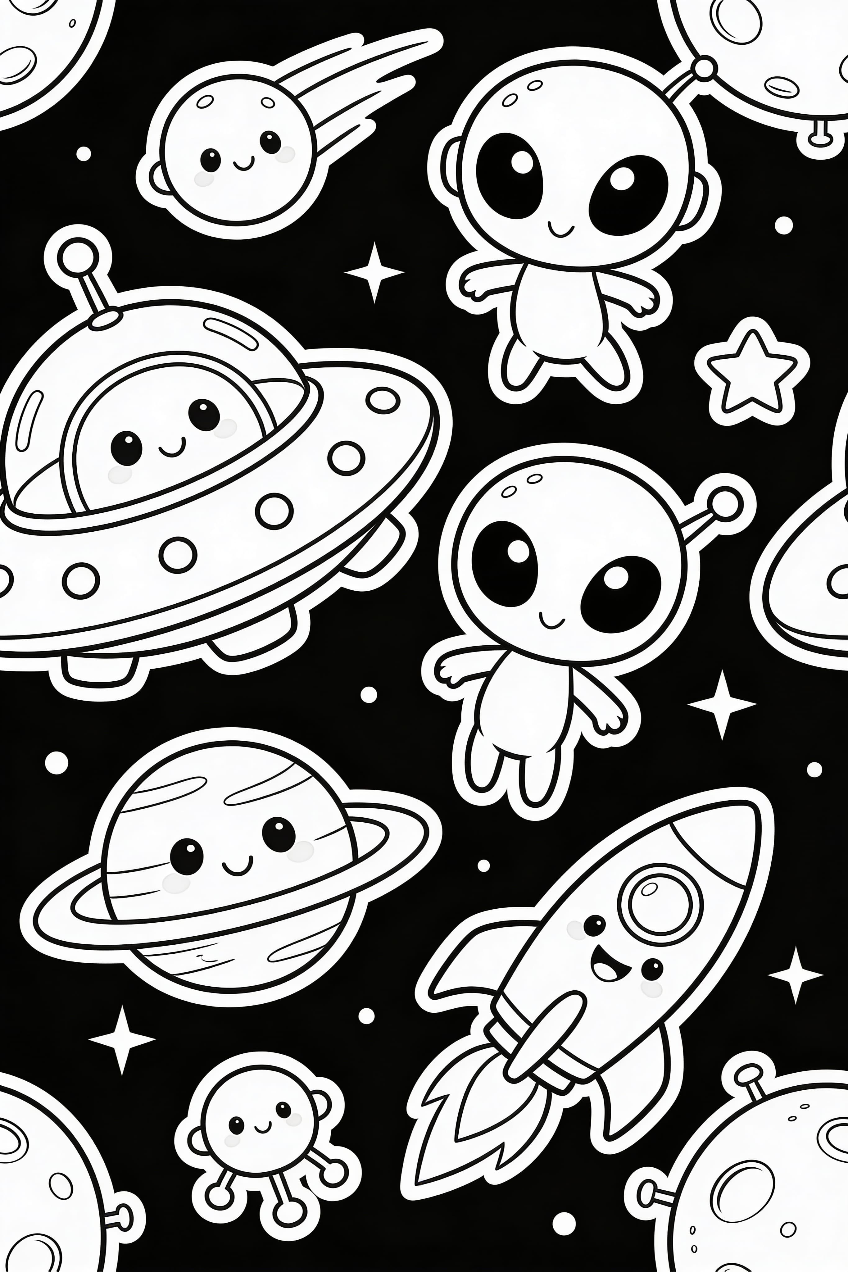 Cartoon style space adventure coloring page with rockets and planets