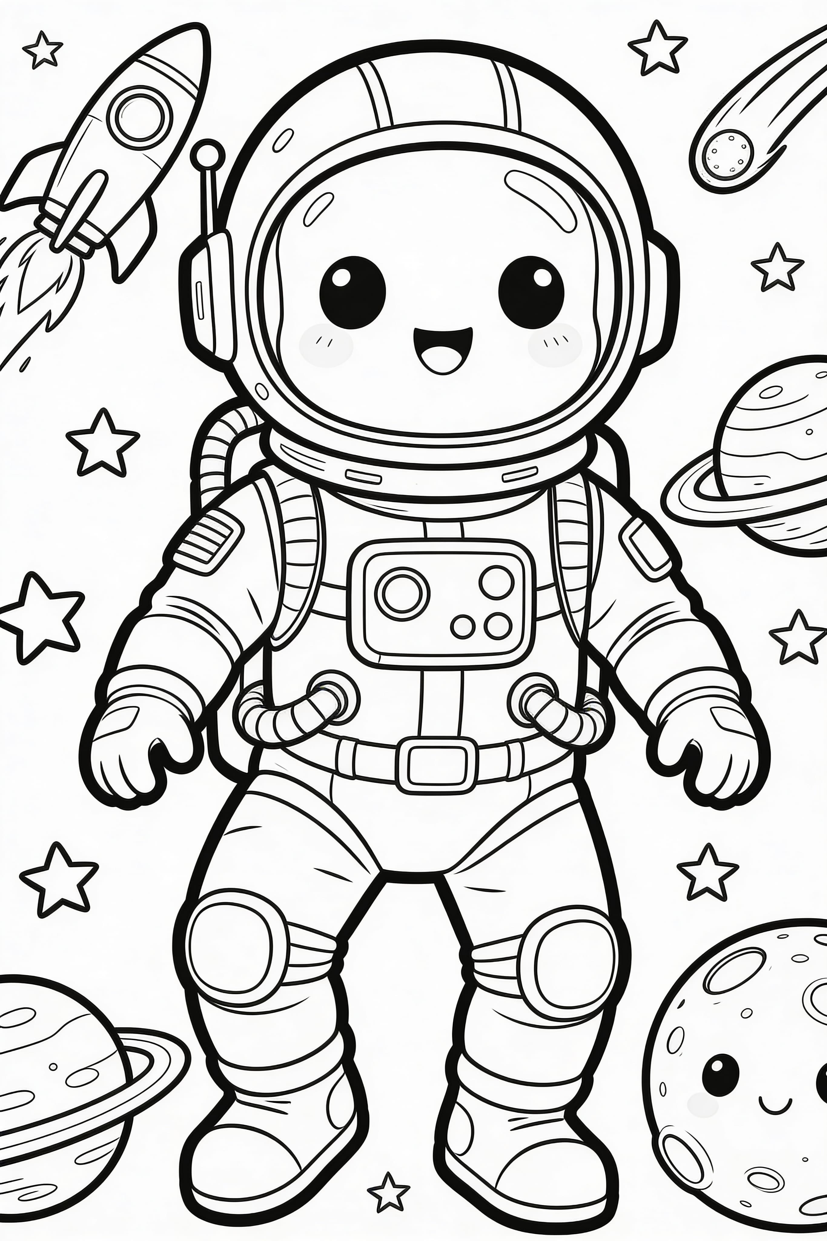 Cute cartoon space adventure with rockets and planets coloring page