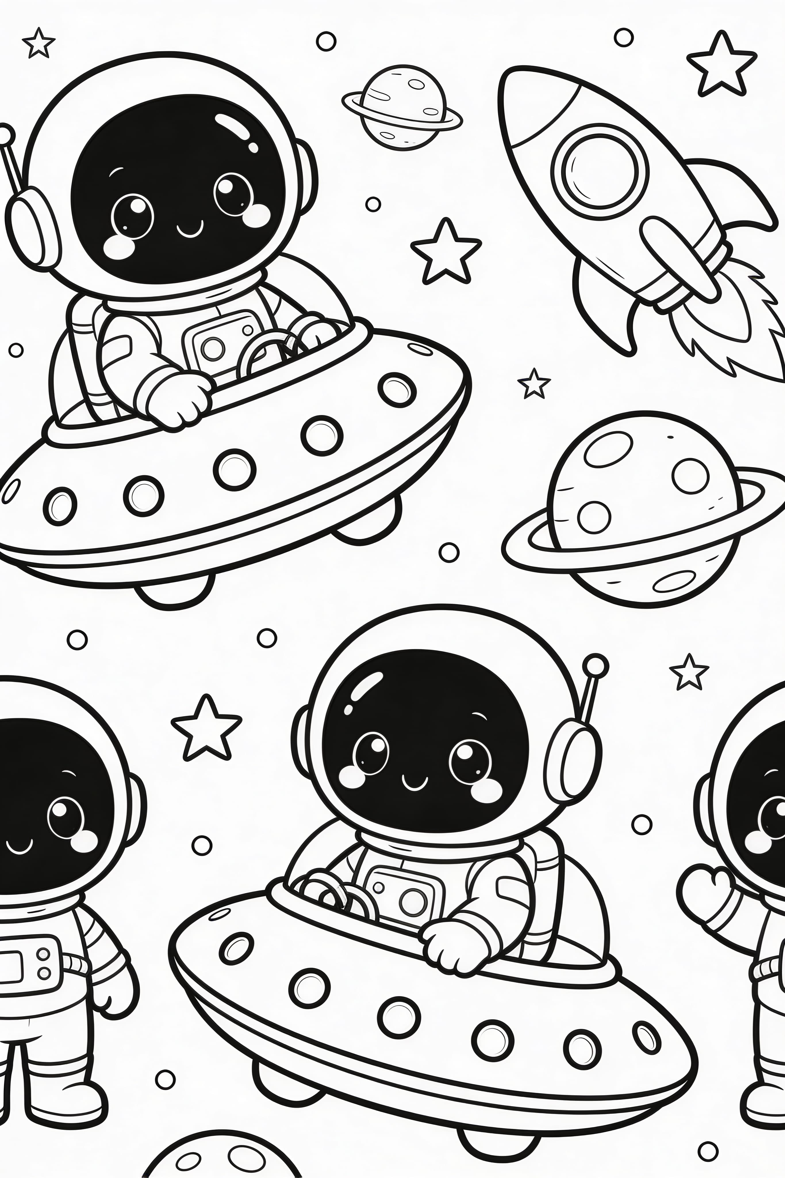 Cute cartoon space adventure with planets and rocket coloring page