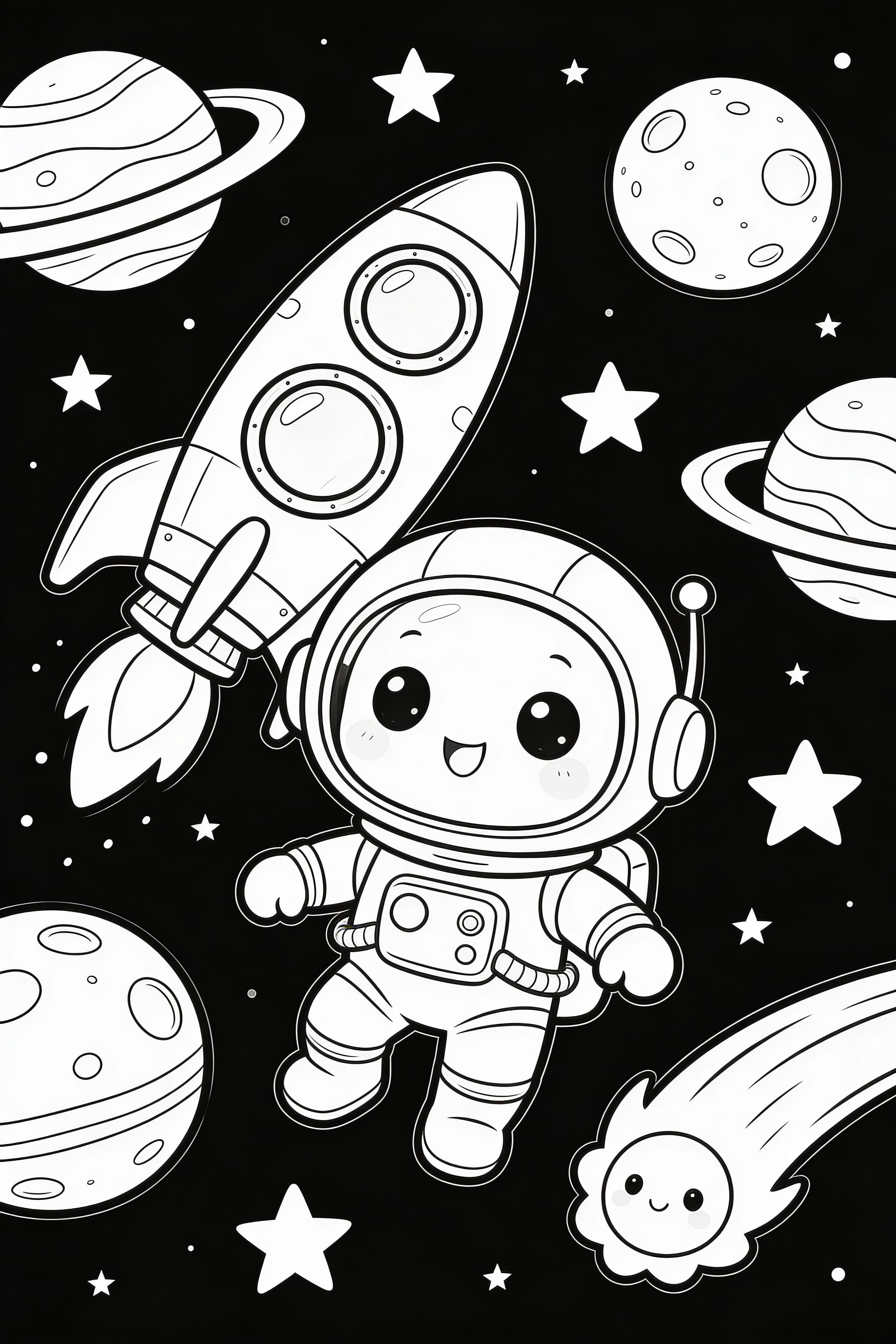 Cute cartoon space adventure coloring page with rockets and planets
