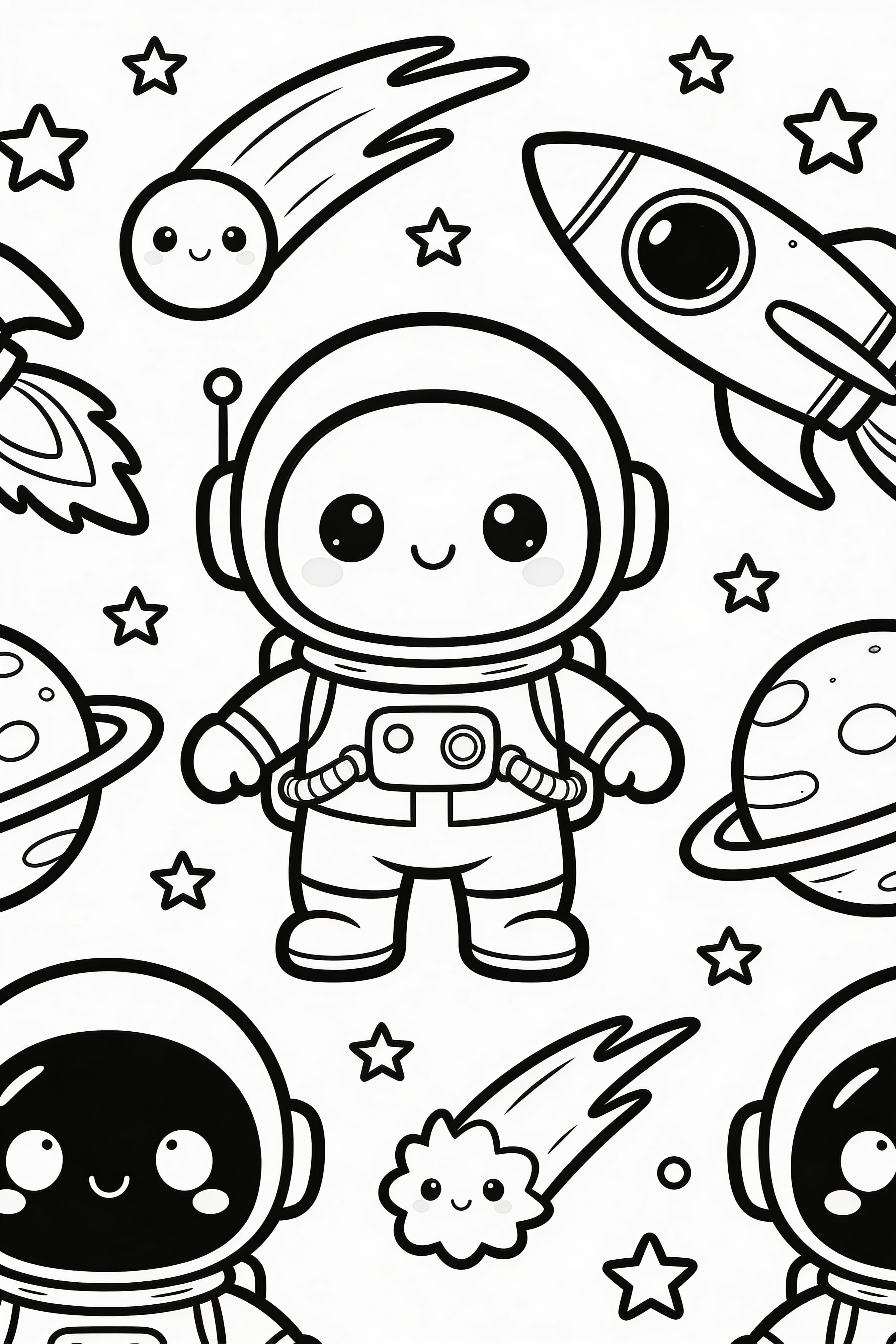 Cute cartoon space adventure coloring page with rockets and planets