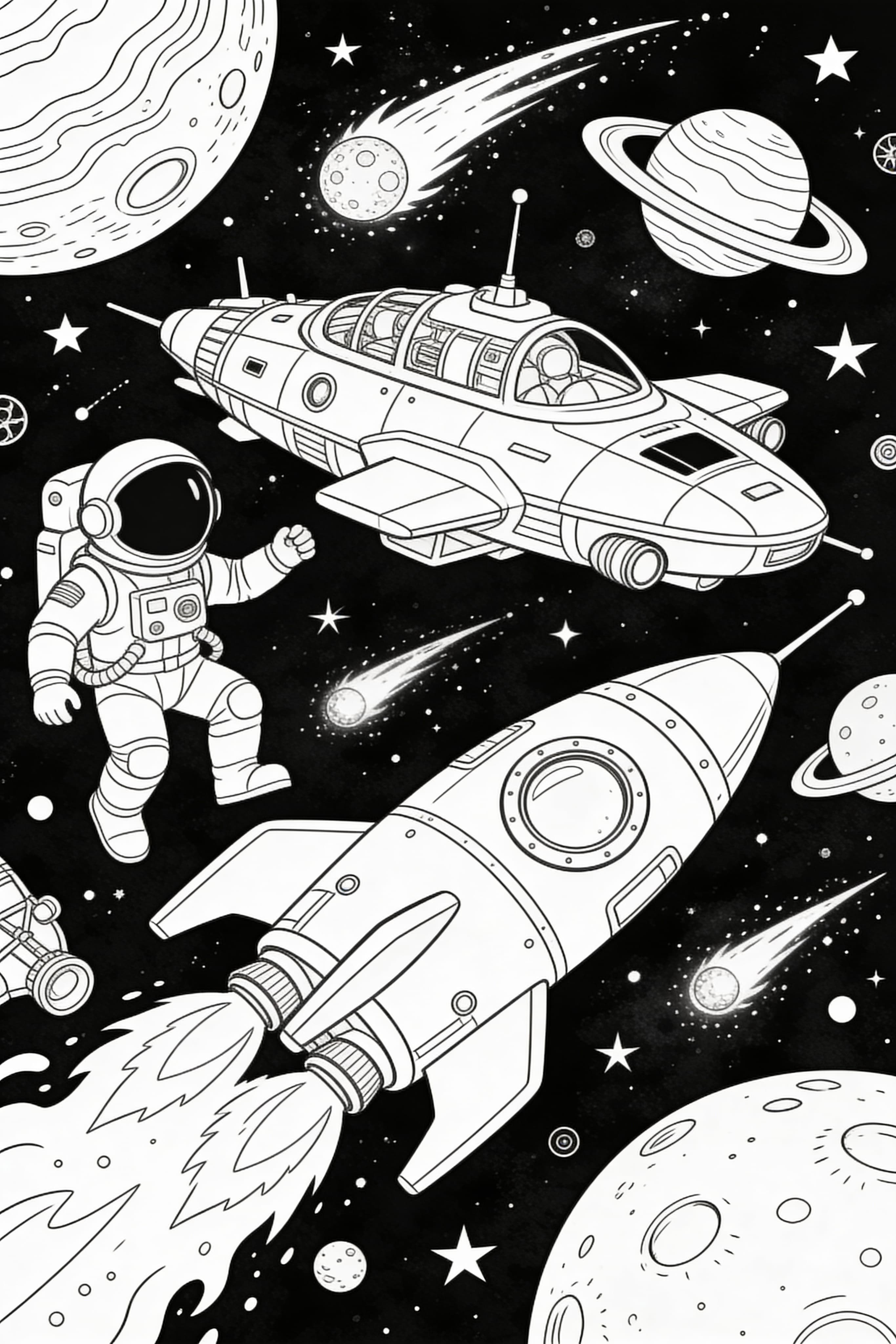 Detailed adult coloring page featuring space adventure and exploration