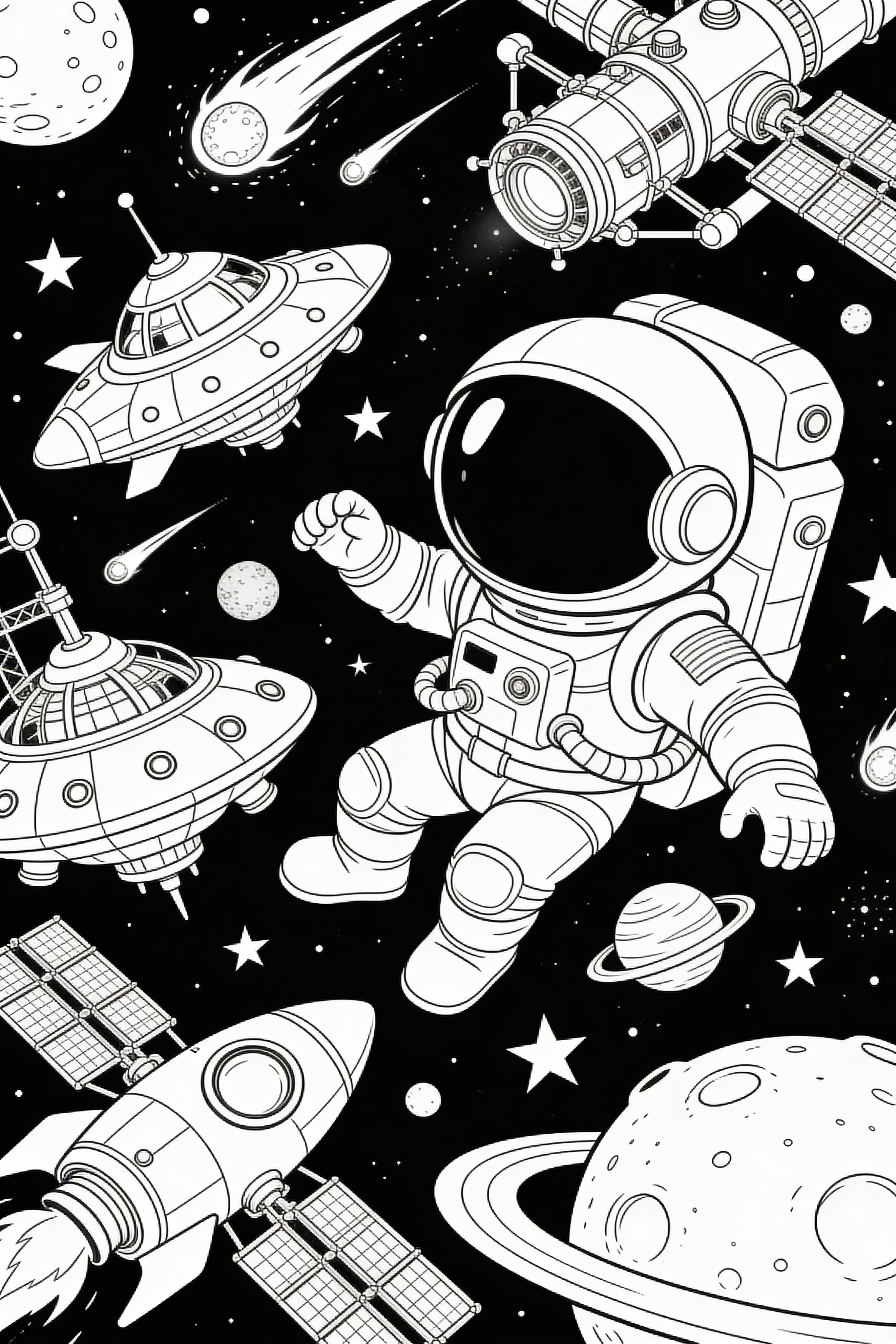 Detailed space adventure coloring page for adults, printable and free