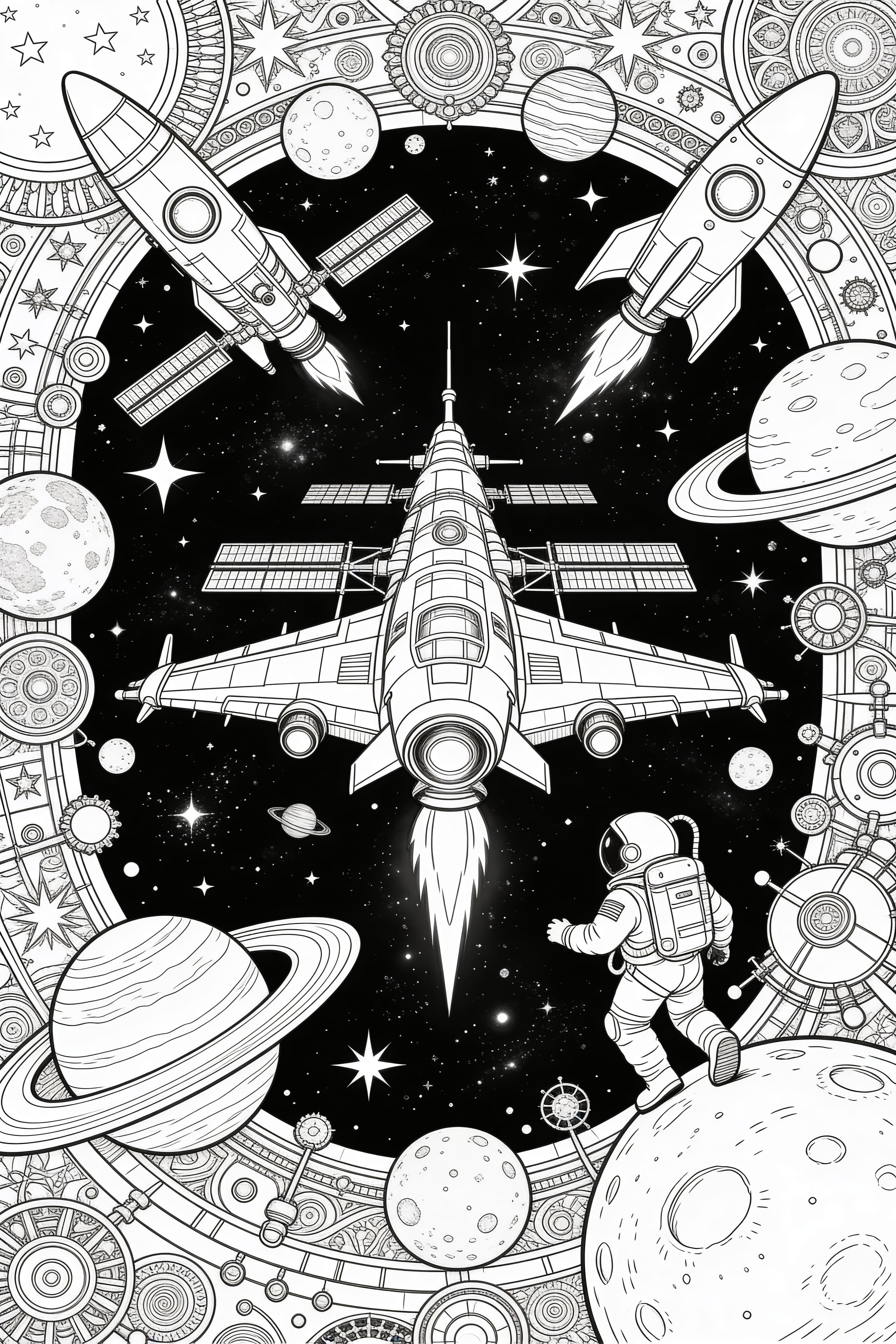 Intricate space adventure and exploration coloring page for adults