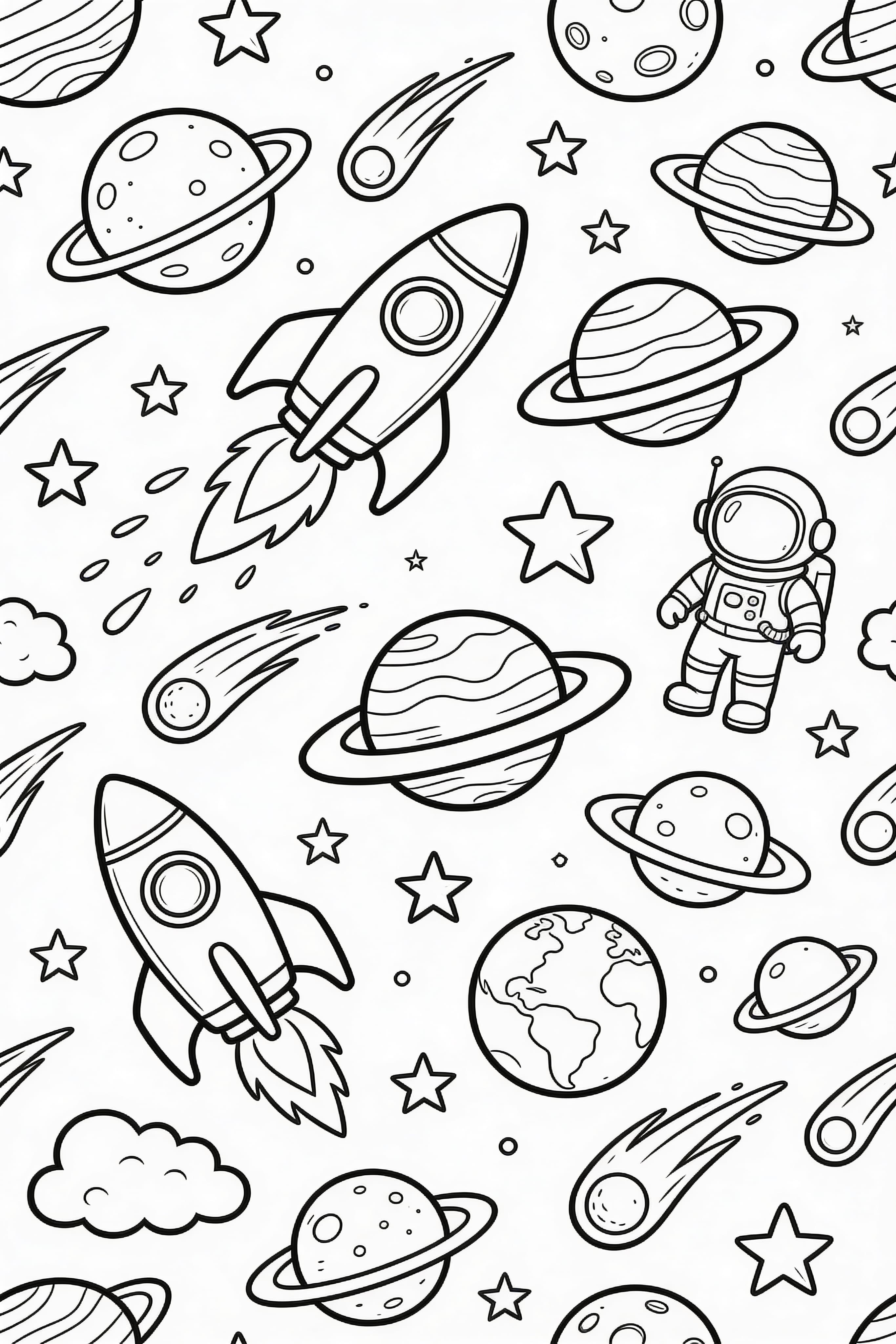 Doodle style space adventure coloring page with planets, stars, and rockets