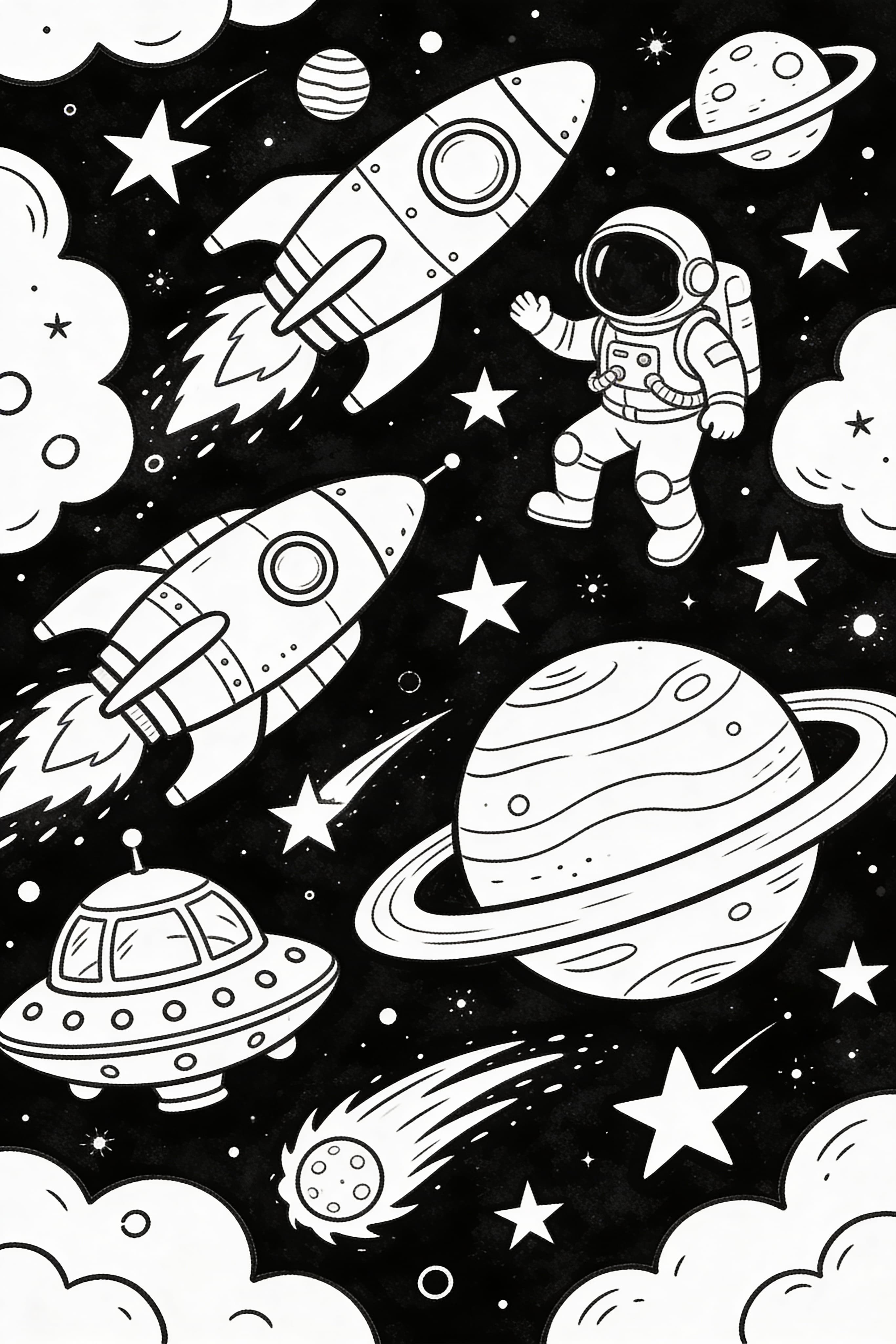 Space Adventure Doodle coloring page featuring planets, stars, and rockets