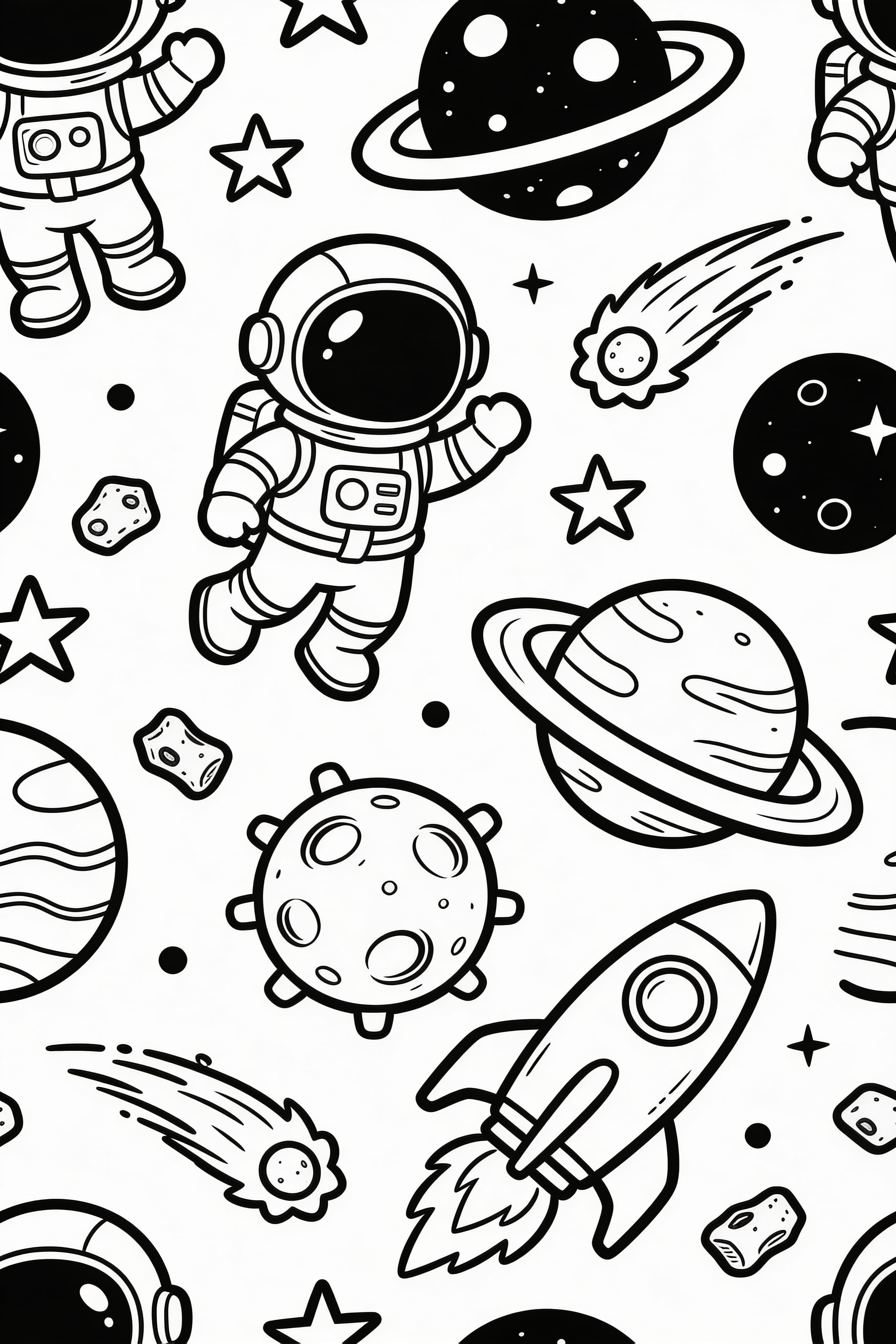 Printable doodle style space adventure coloring page with planets and rockets