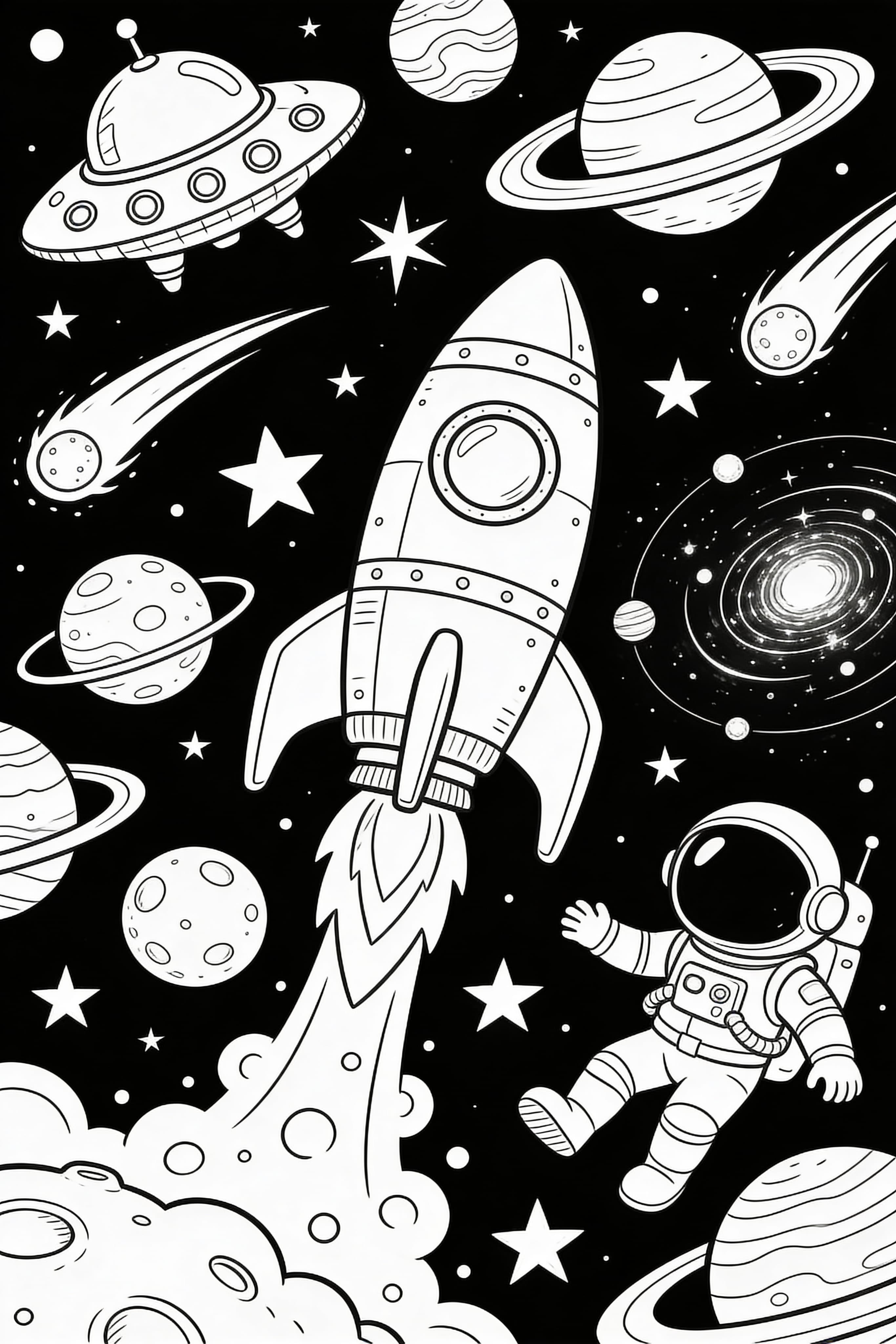Space adventure doodle coloring page with rockets, planets, and stars