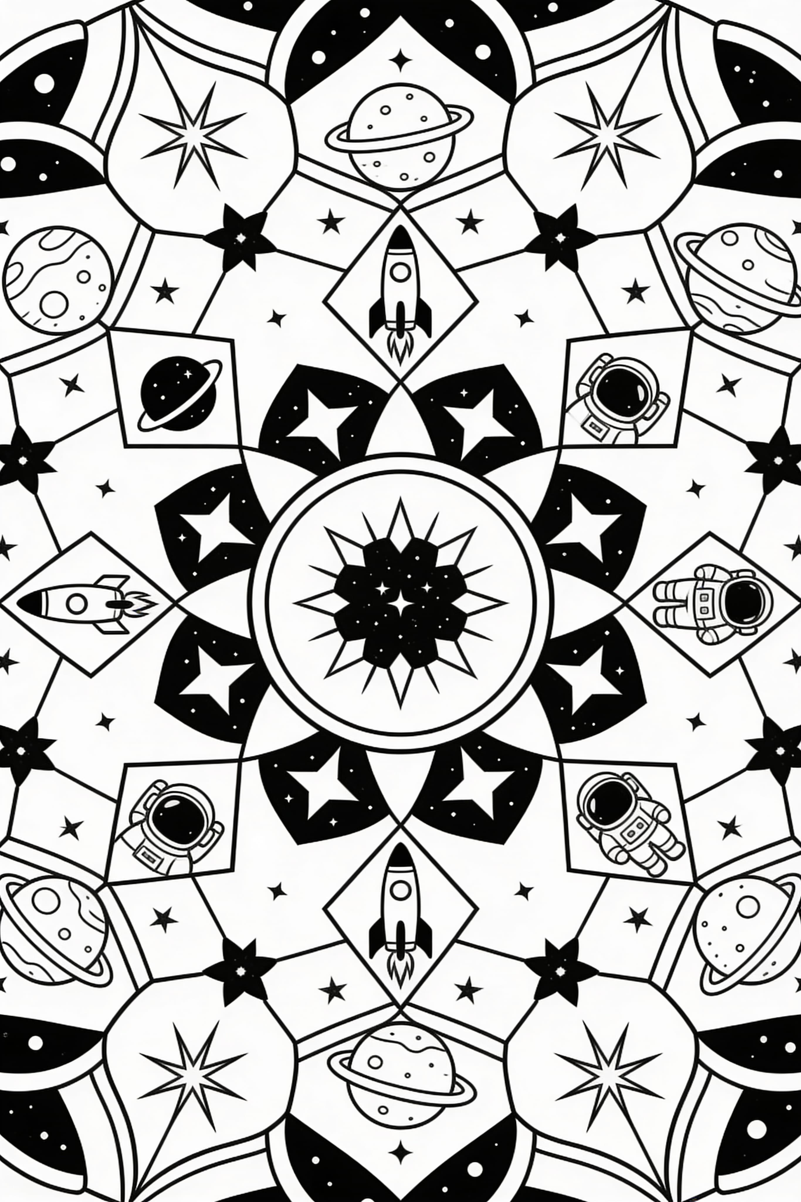 Printable space adventure mandala coloring page with cosmic elements