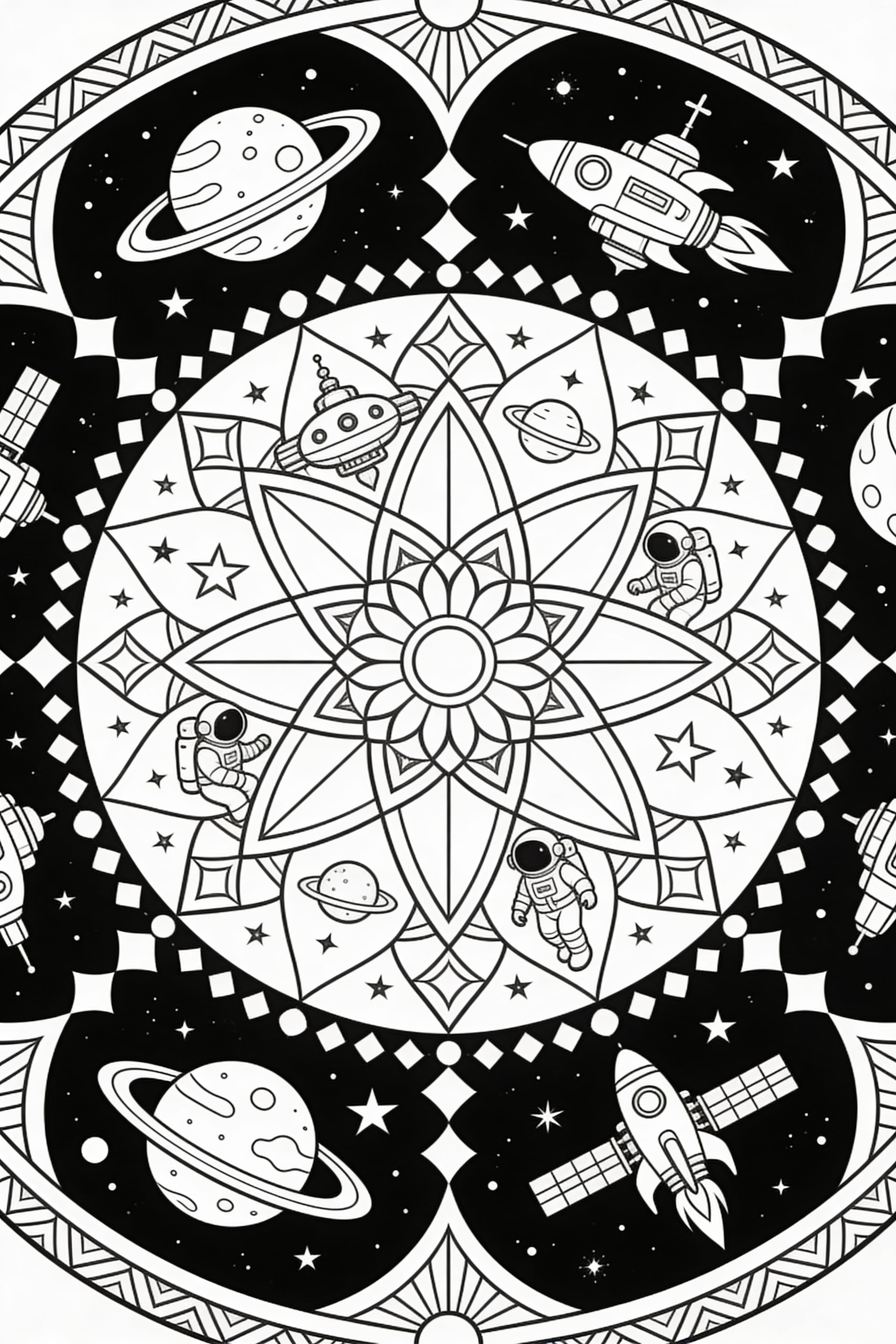 Intricate space adventure mandala coloring page with stars and planets