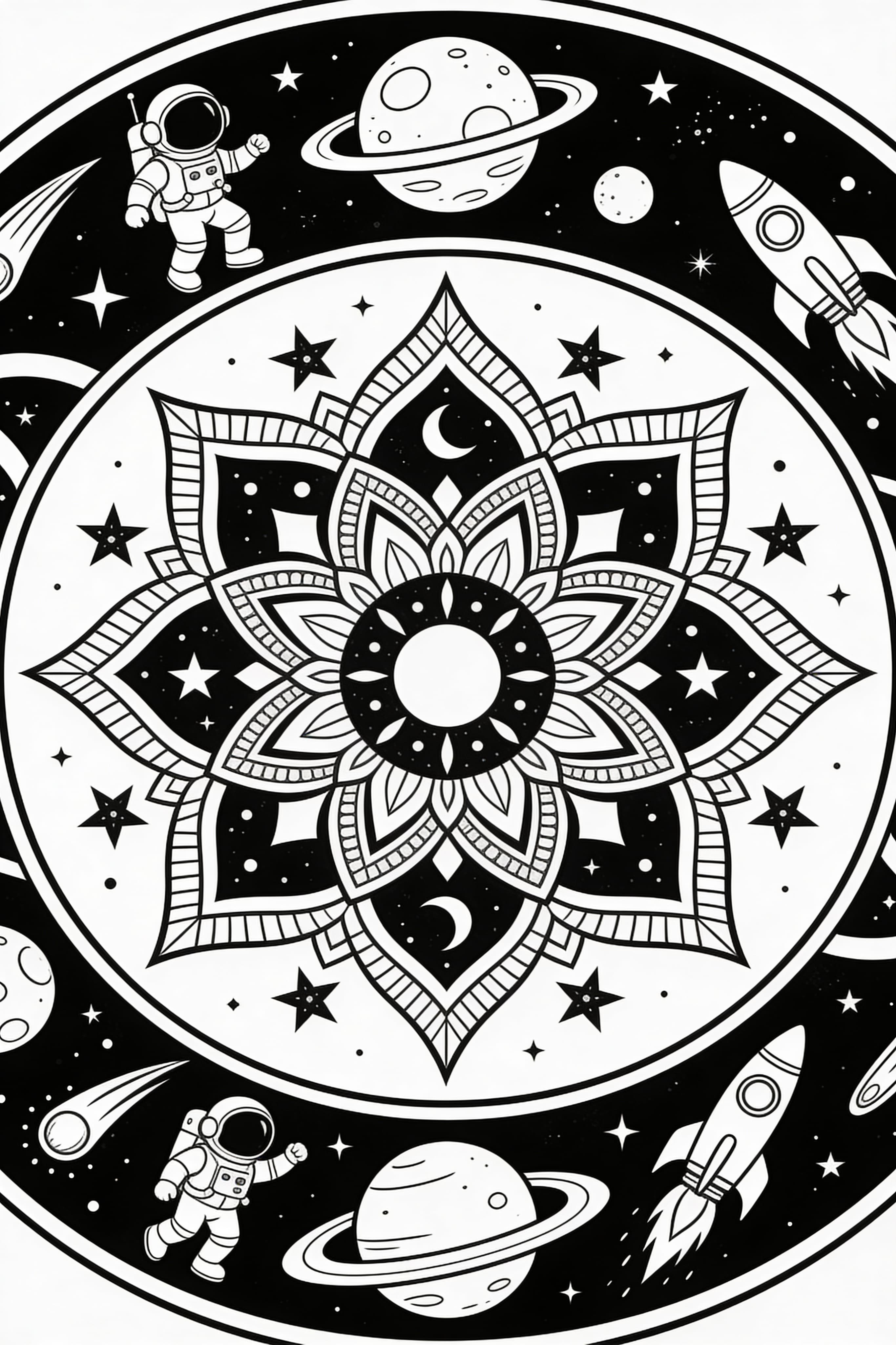 Mandala Style Space Adventure Coloring Page