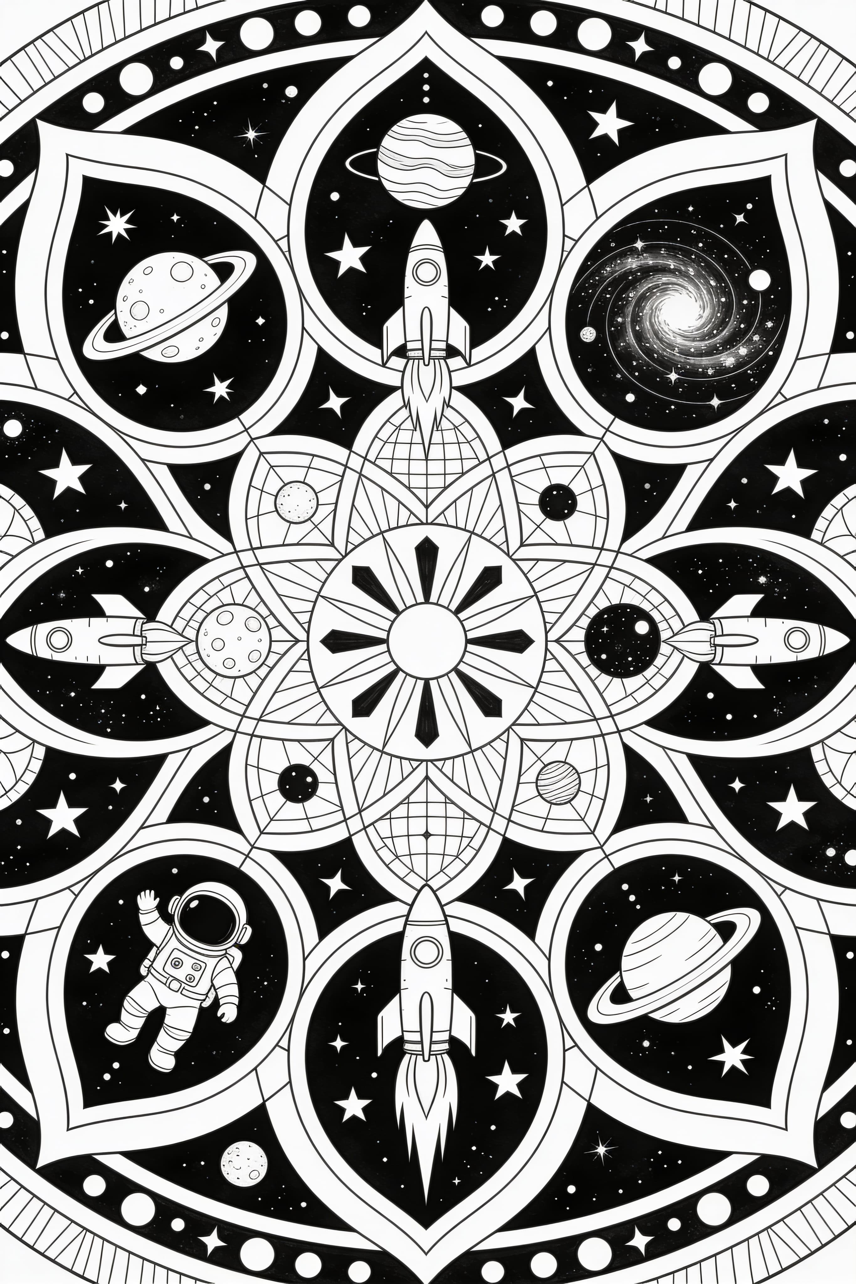 Mandala style space adventure and exploration coloring page