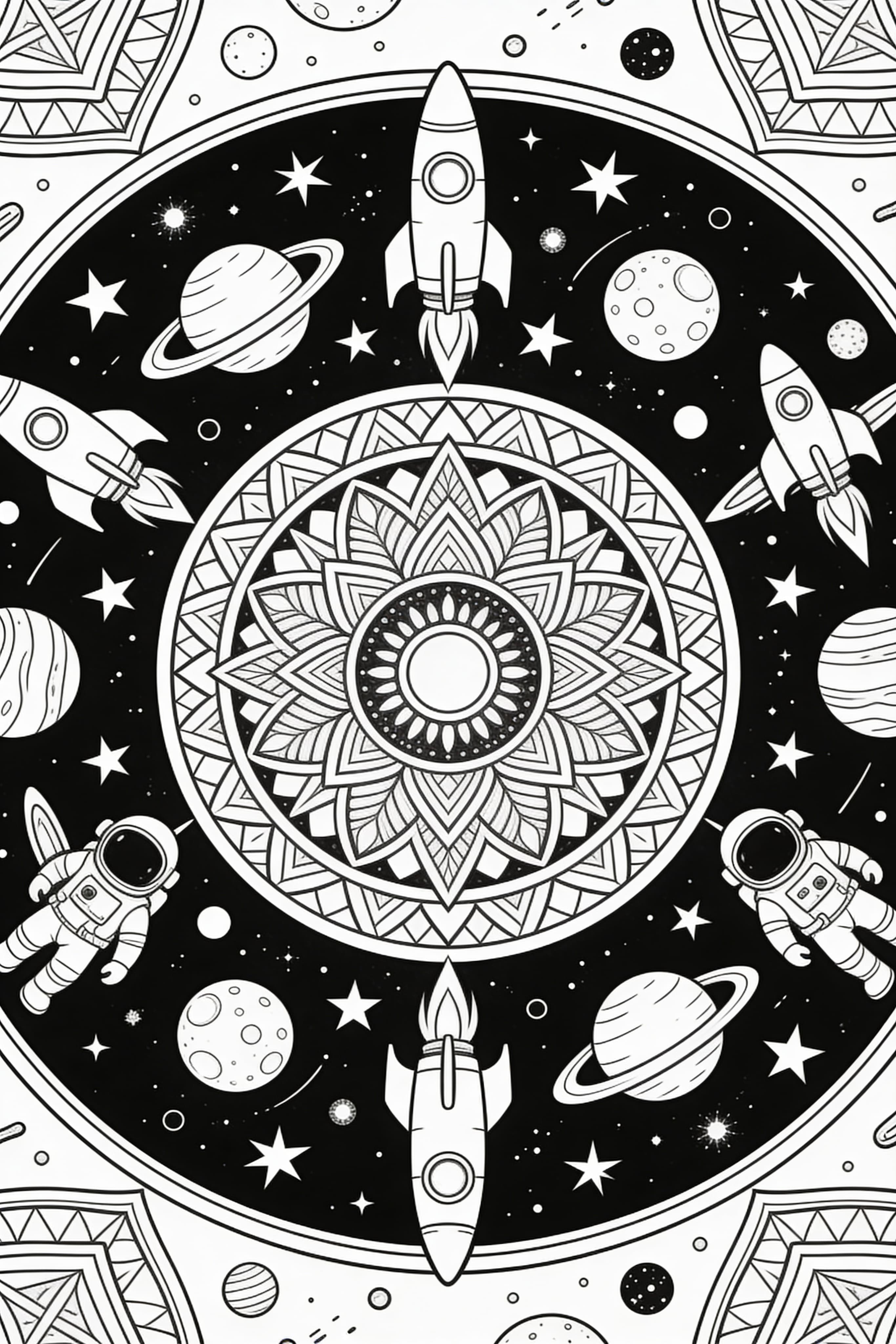 Printable mandala style space adventure coloring page with stars and planets