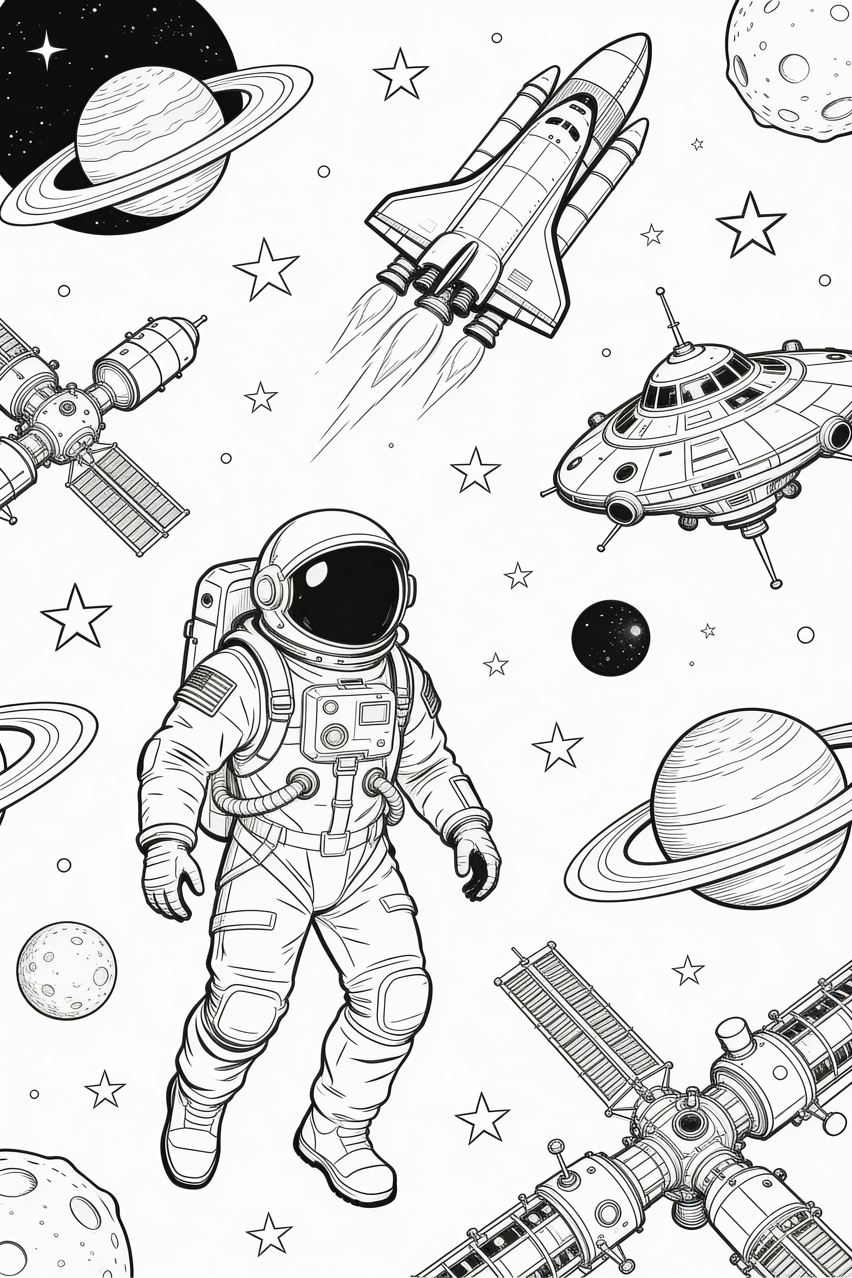 Printable coloring page of realistic space adventure scene