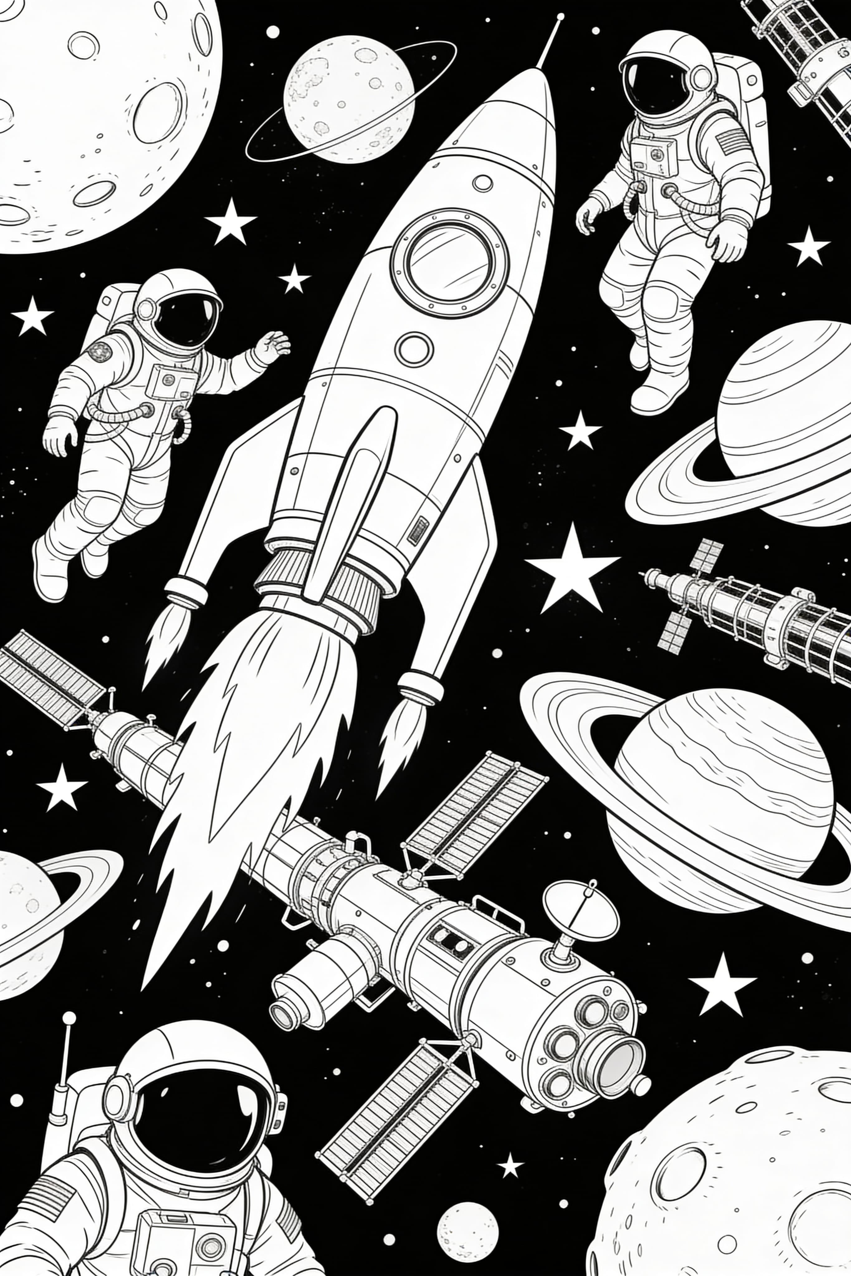 Detailed realistic space adventure and exploration coloring page
