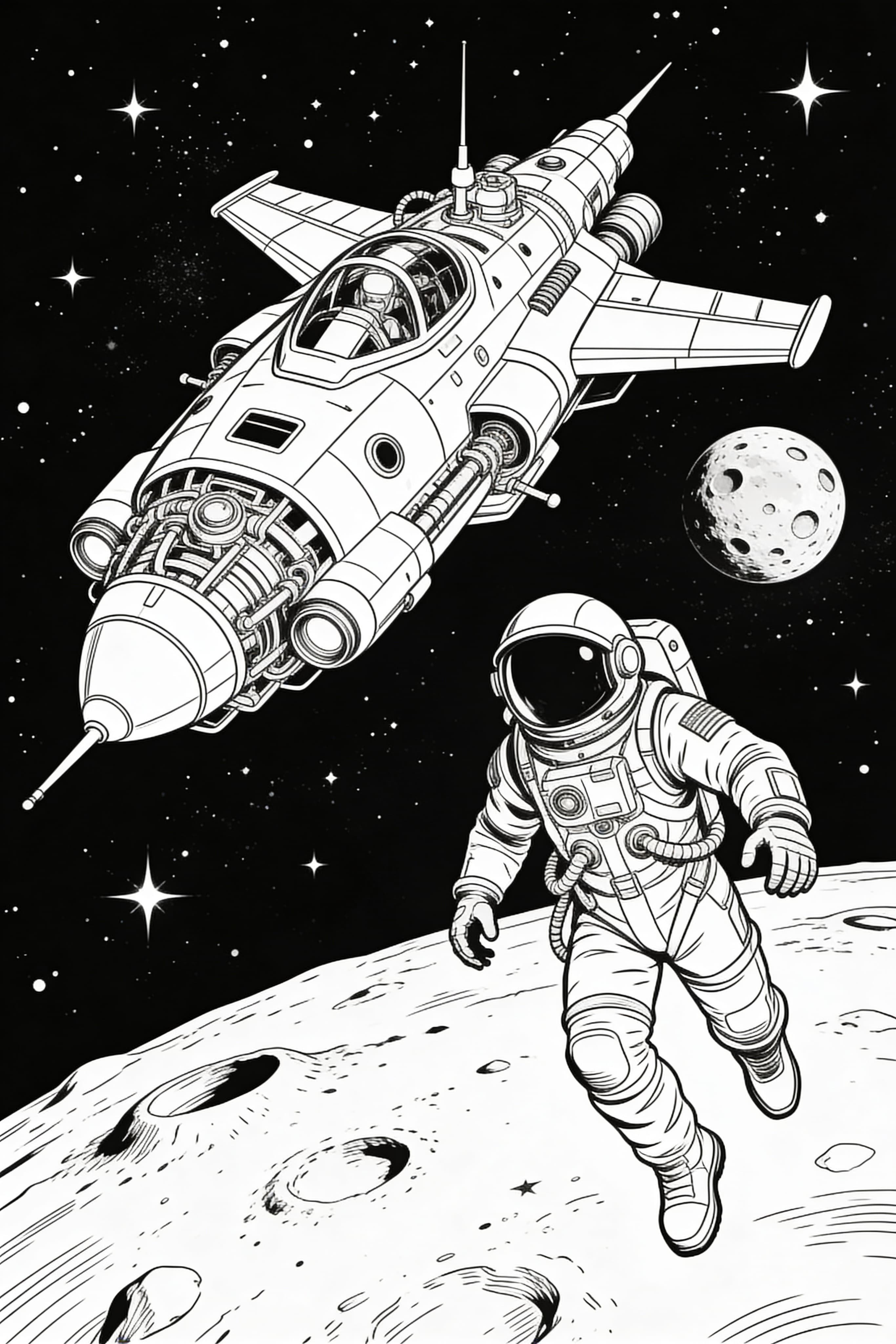 Realistic space adventure coloring page featuring planets and spacecraft