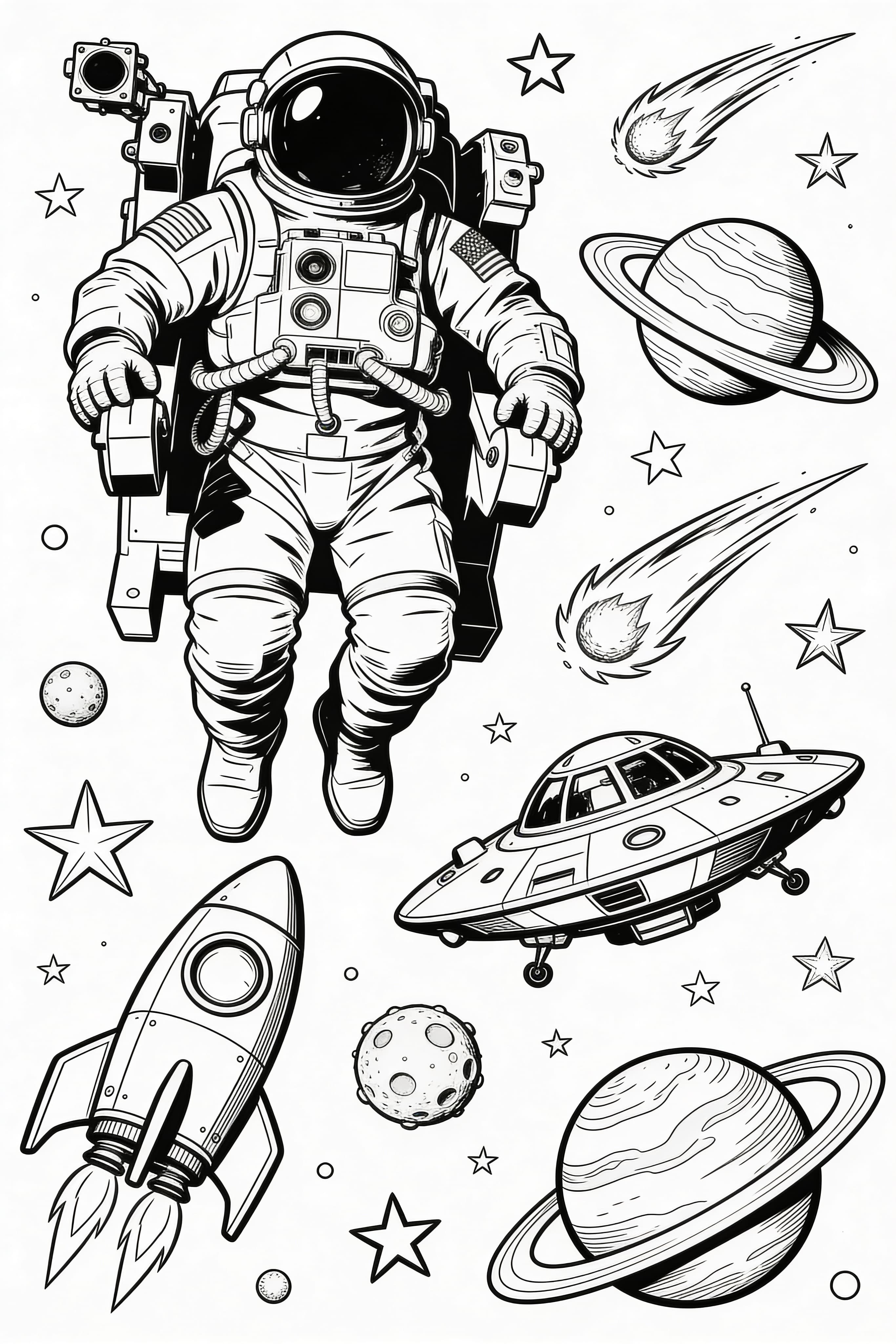 Realistic space adventure coloring page featuring planets and stars