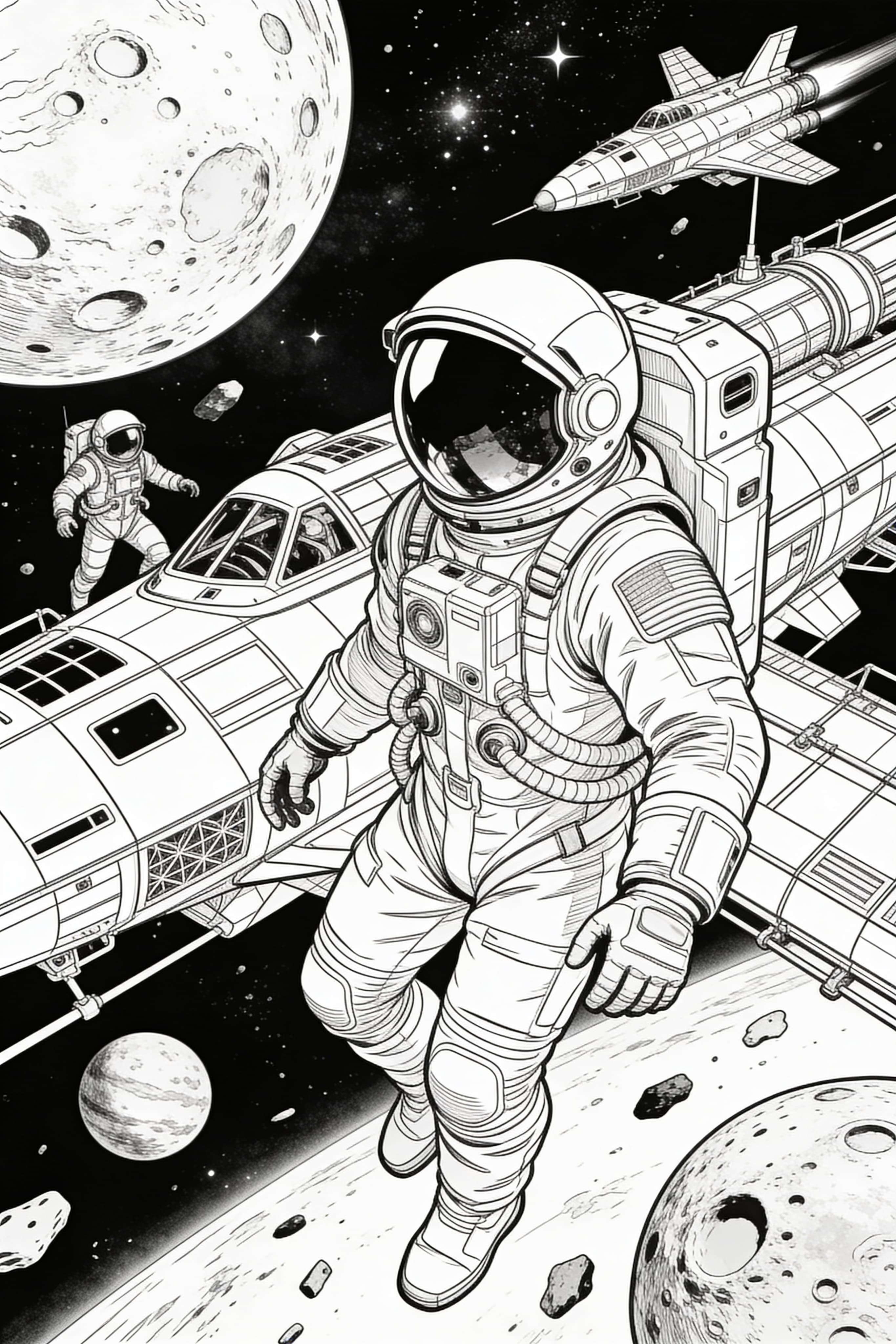 Printable coloring page featuring realistic space adventure and exploration