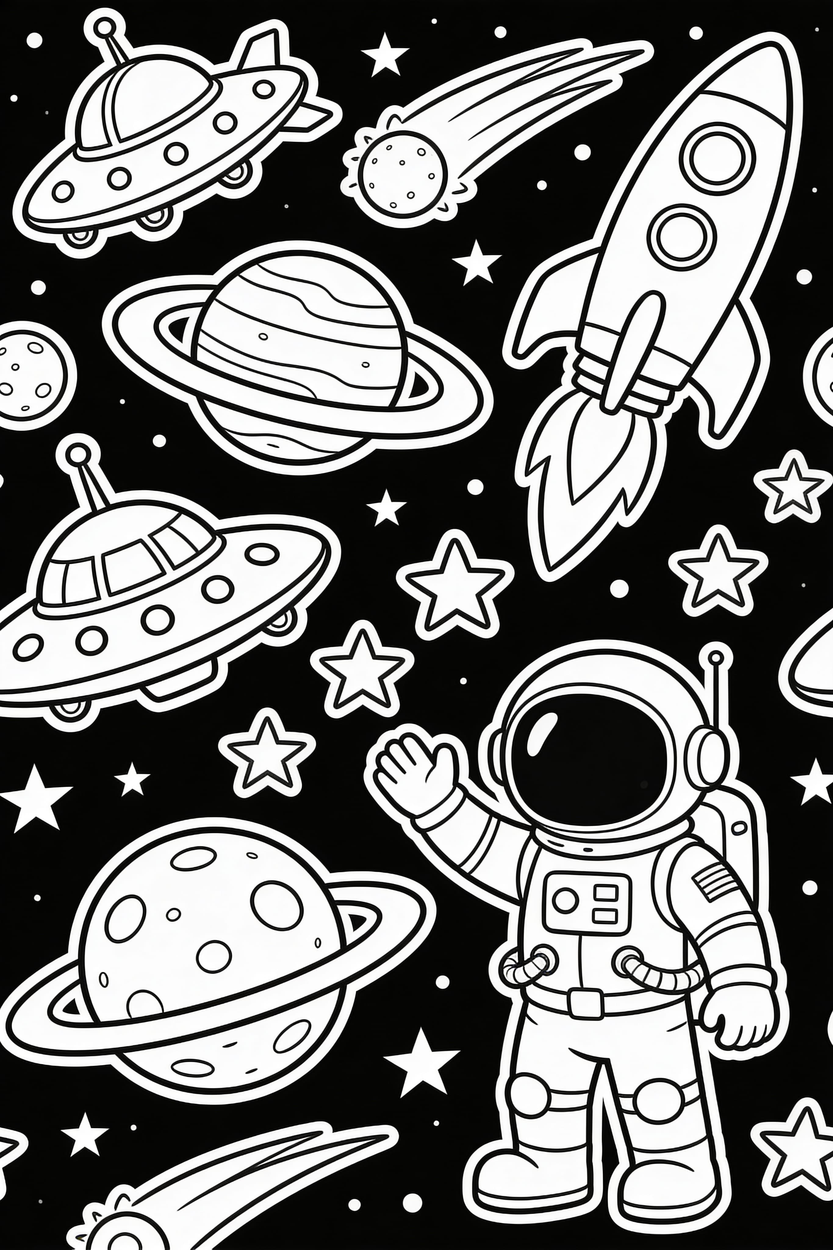 Printable coloring page of a space adventure for kids