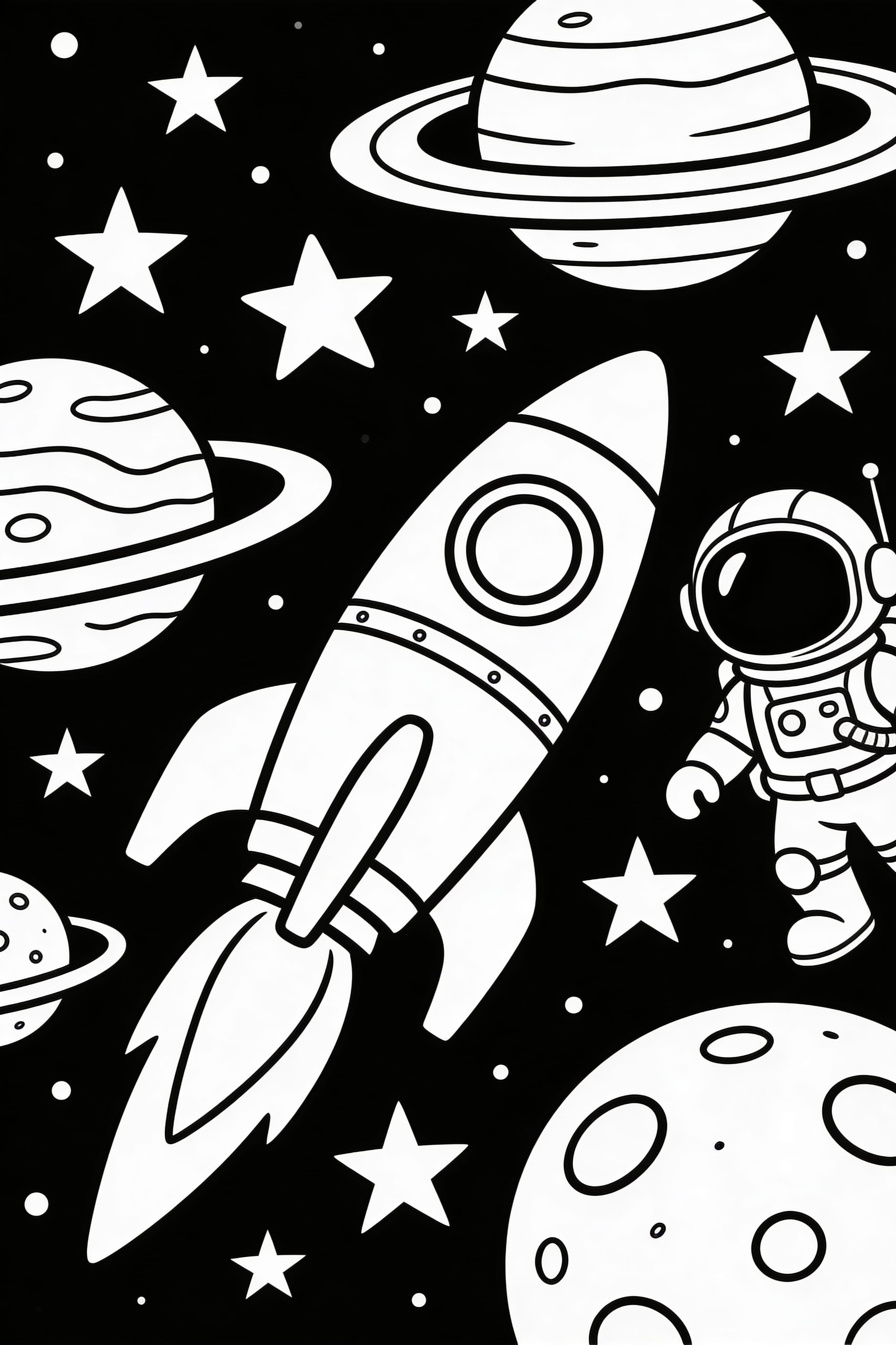 Printable coloring page featuring a space adventure theme for kids