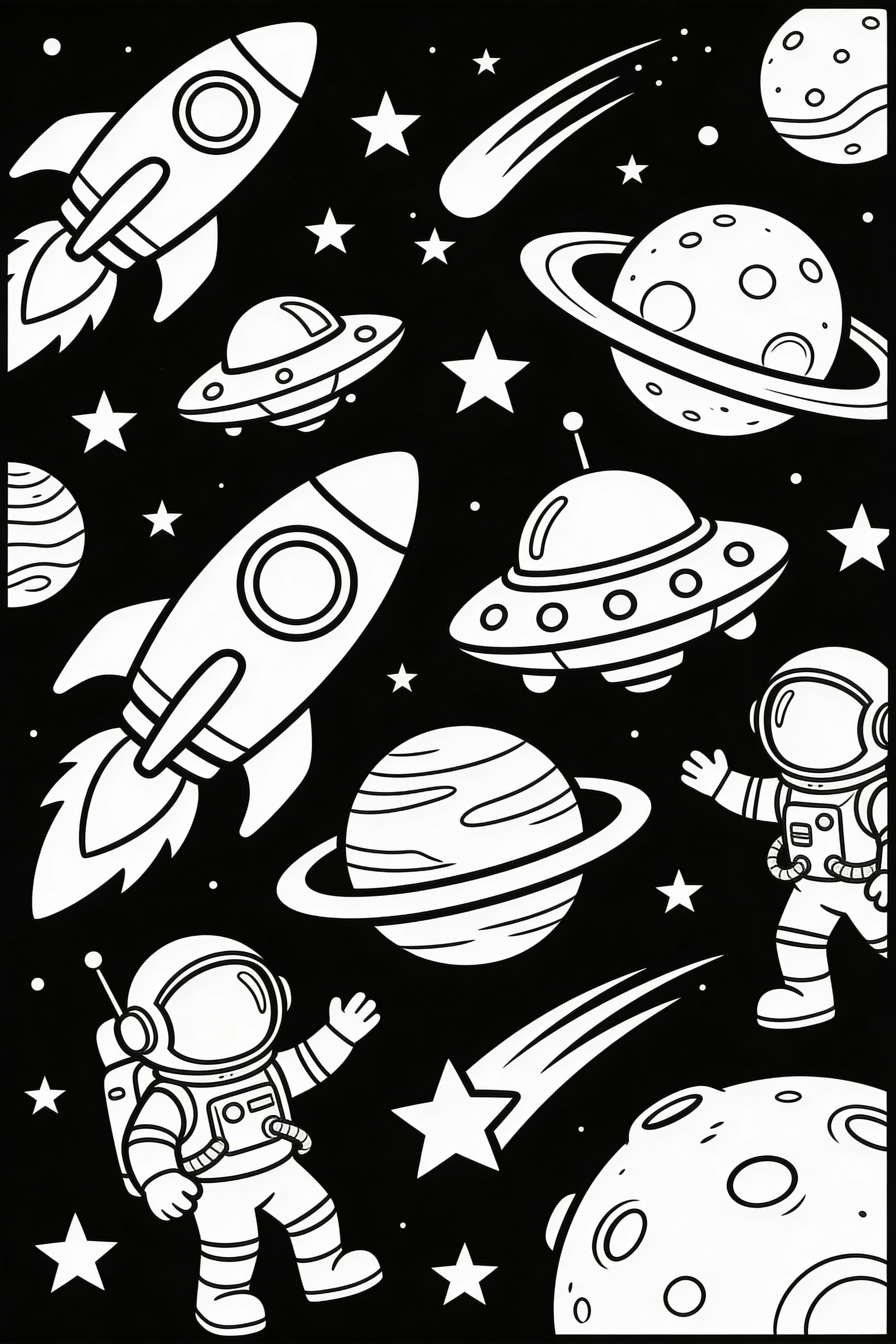 Printable coloring page featuring space adventure and exploration for kids