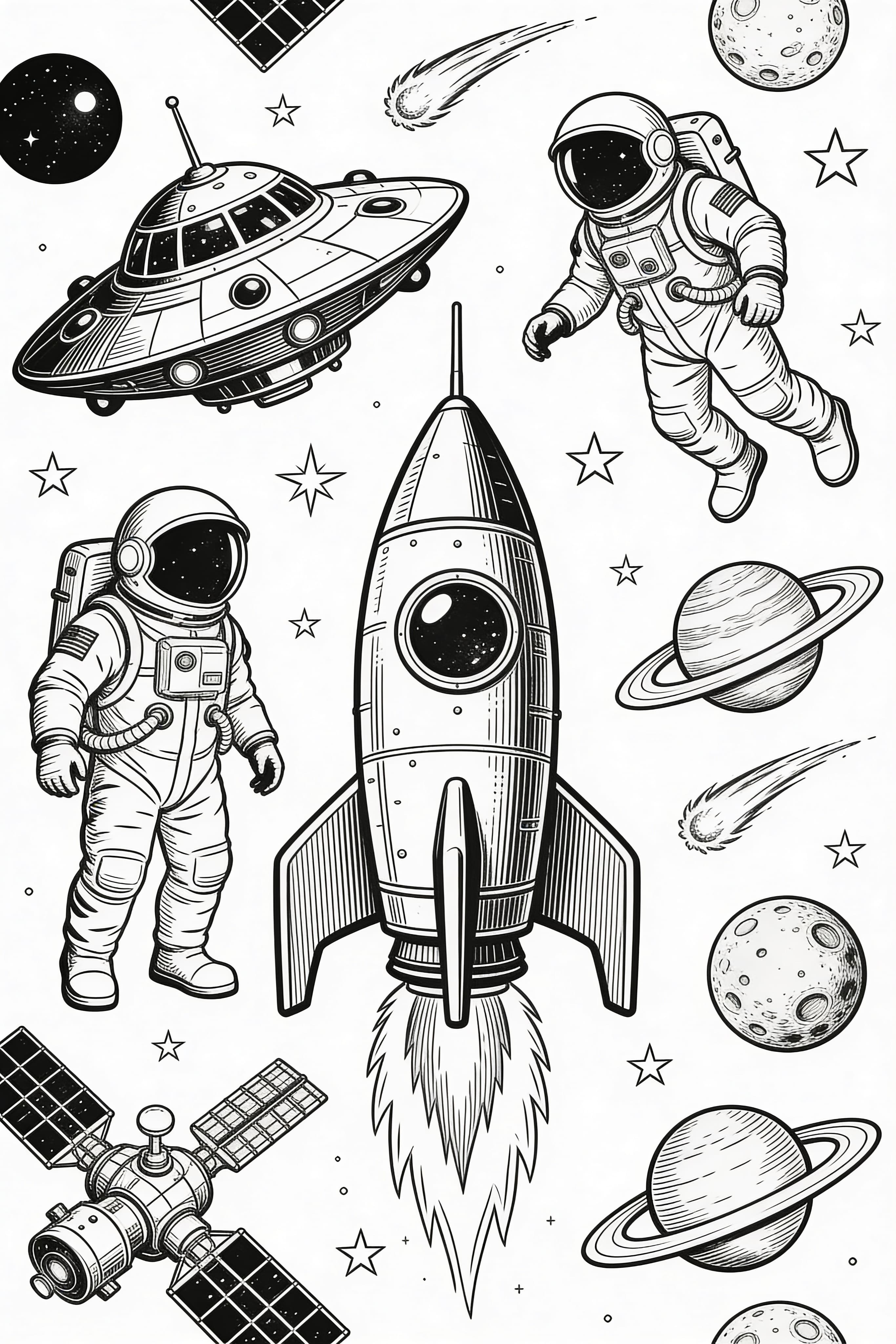 Vintage Space Adventure Coloring Page Free Download