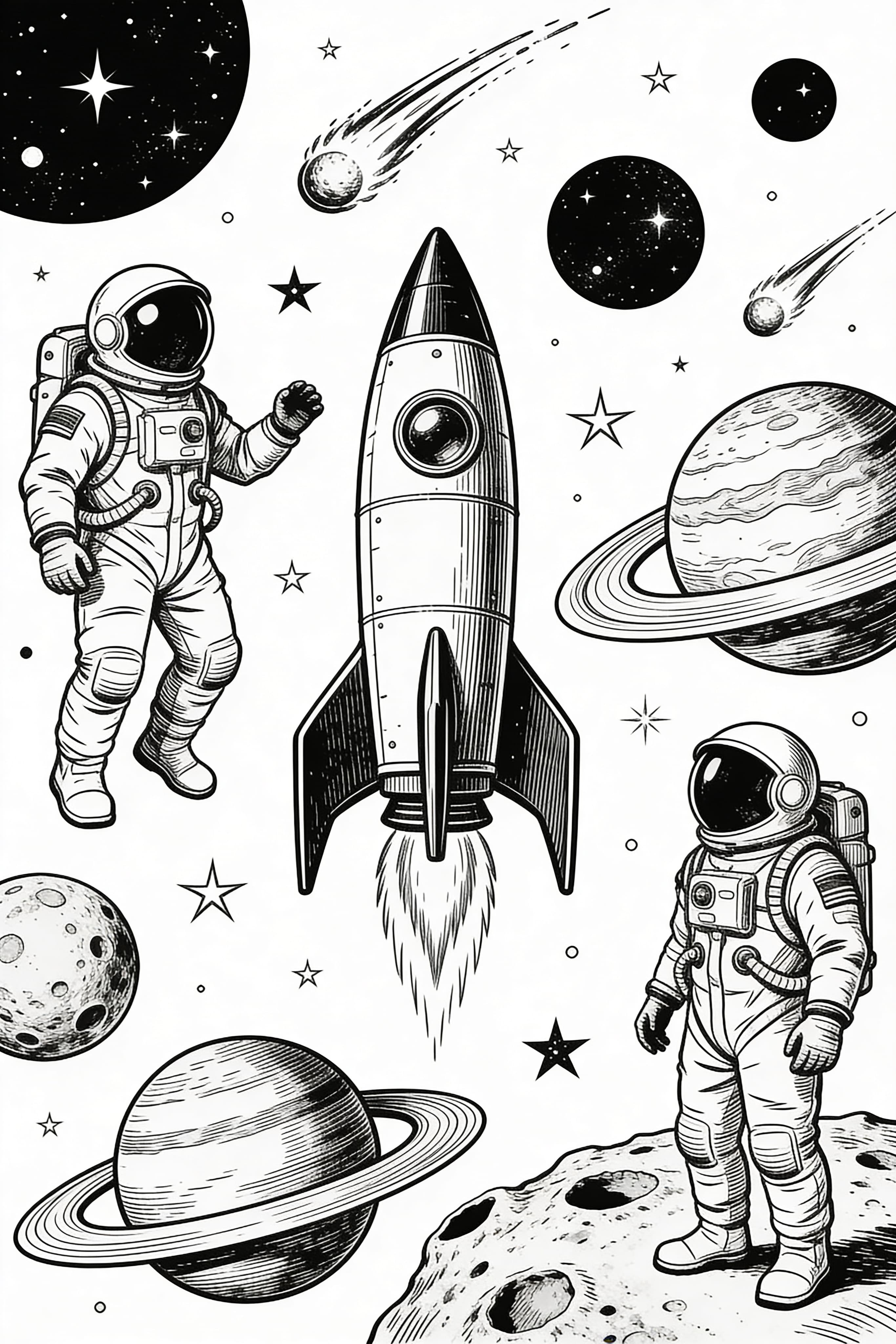 Vintage Space Adventure Coloring Page - Free Download