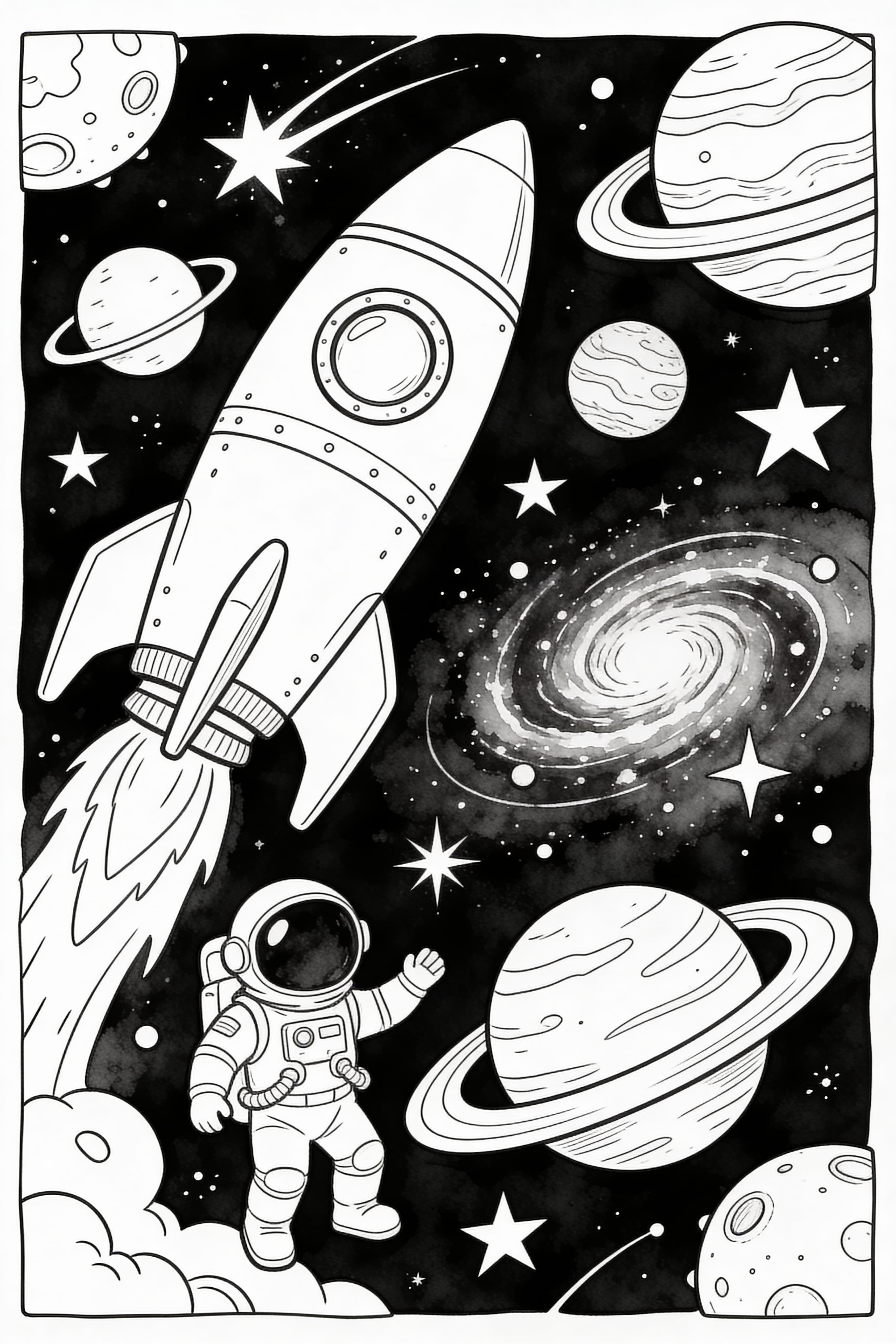 Watercolor outline of a space adventure scene with planets and stars