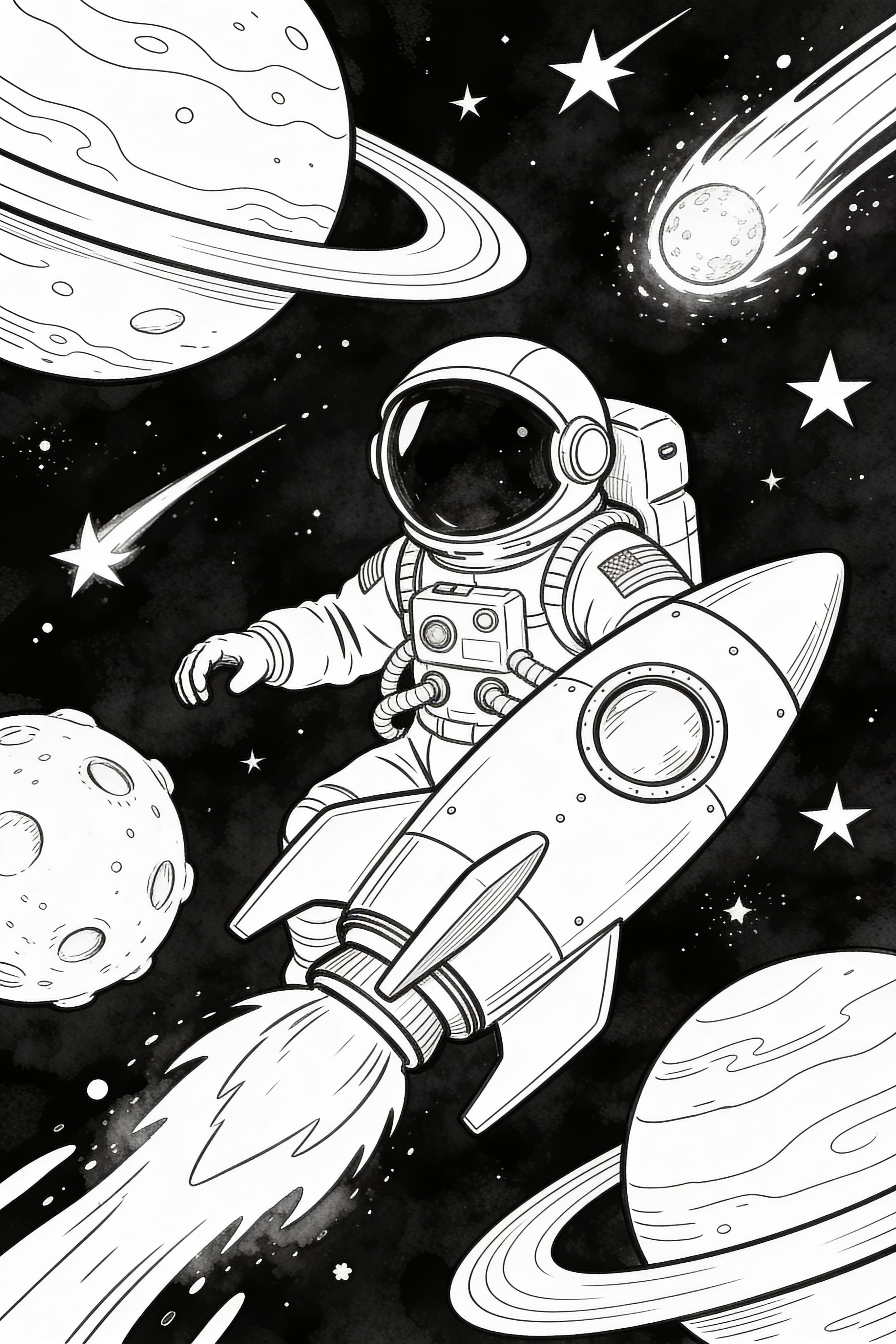 Space adventure watercolor outline coloring page with planets and stars