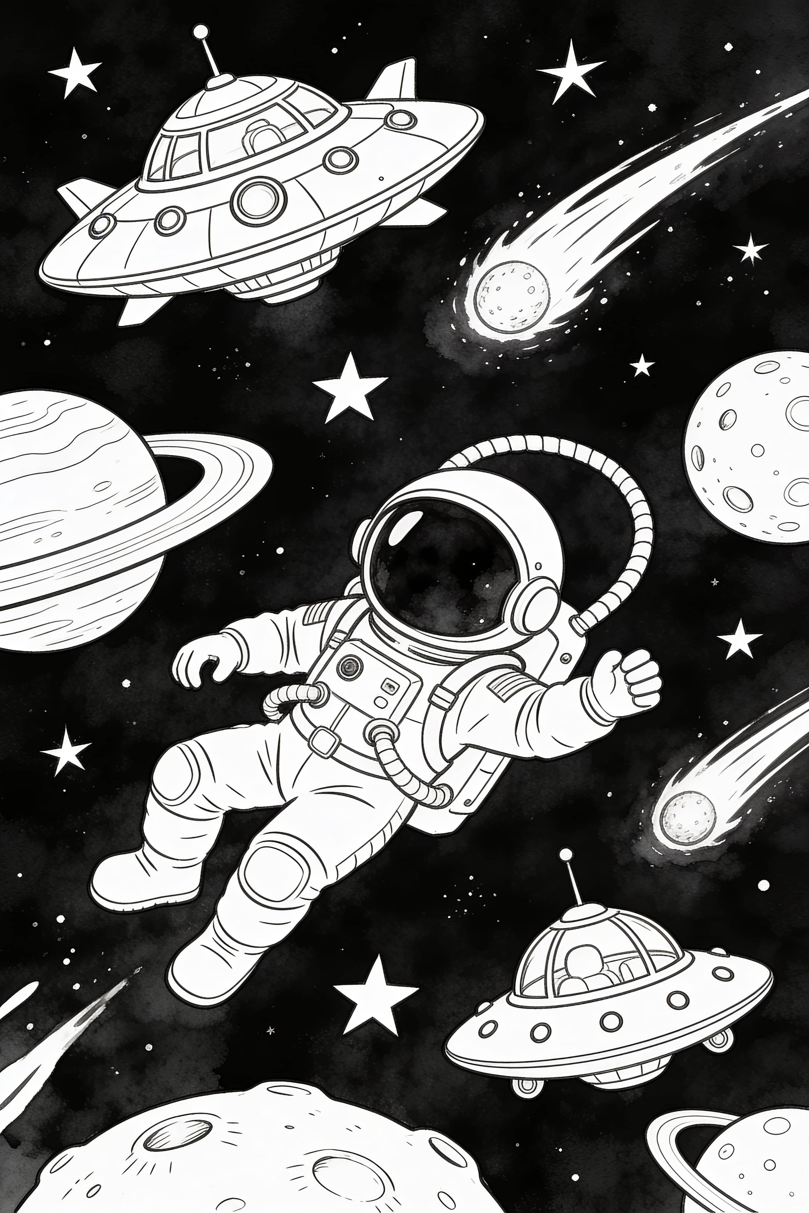 Printable watercolor outline space adventure coloring page with rockets and planets