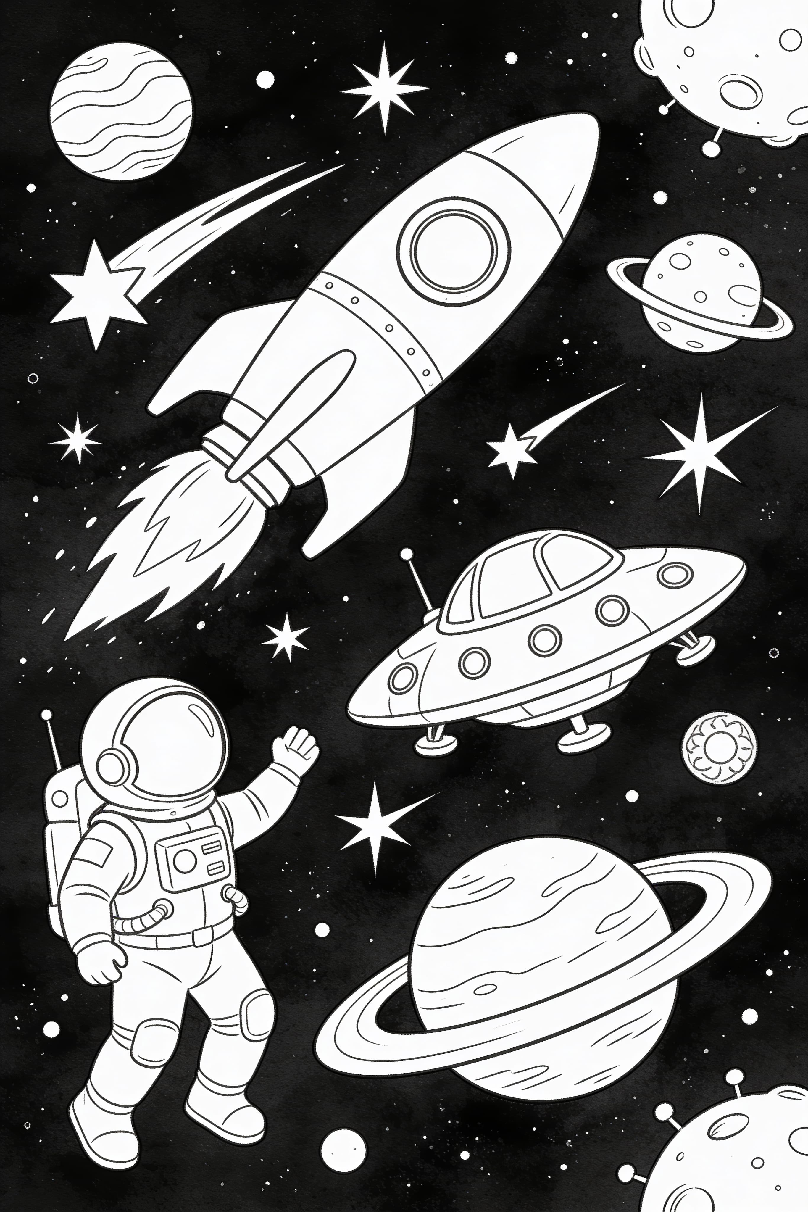 Free printable coloring page with watercolor outline of space adventure scene