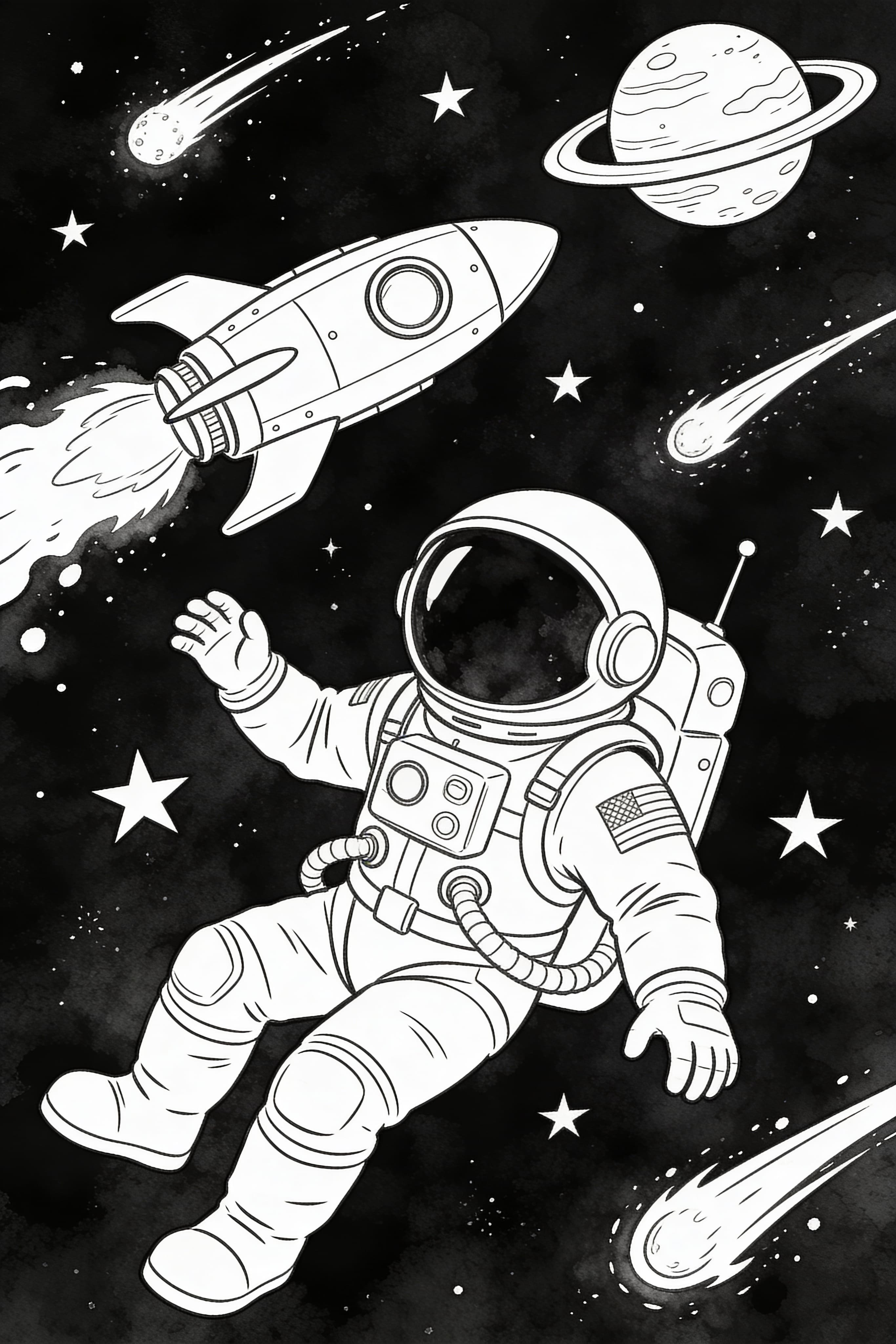 Watercolor Outline Space Adventure Coloring Page